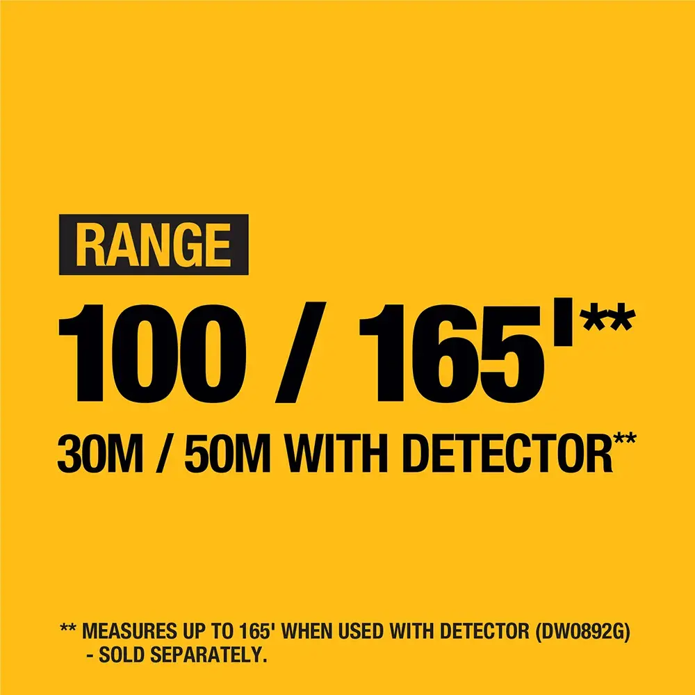 Yellow and black product graphic showing the range of 100 feet or 165 feet with detector (30 meters / 50 meters with detector). Text notes that it measures up to 165 feet when used with detector (DW0892G), sold separately.