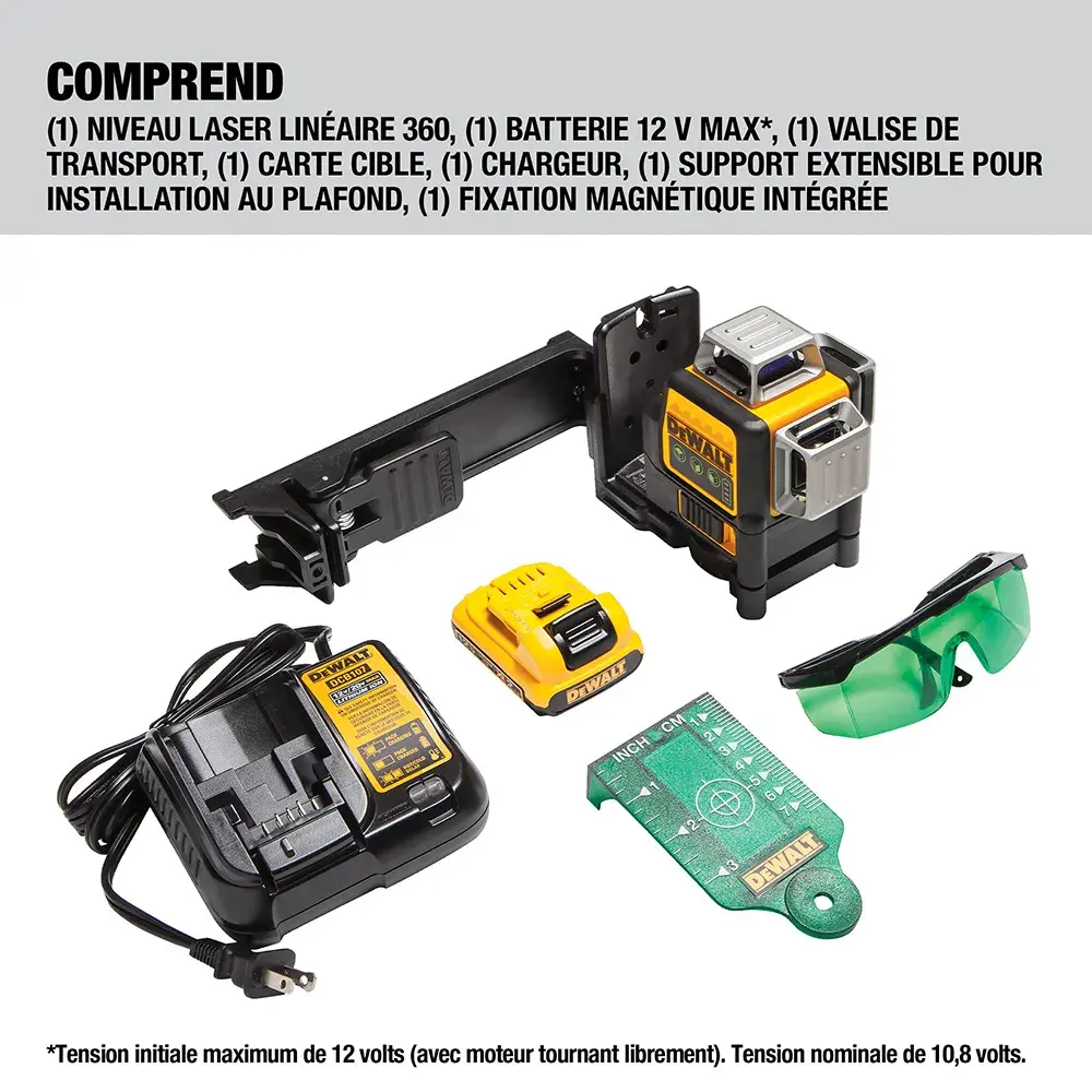 The image shows the DEWALT DW089LG kit contents, which include a 3 x 360° line laser, a 12V Max battery pack, a TSTAK case, a target card, a charger, a drop ceiling attachment, a magnet enhancement plate, and a pair of green laser enhancement safety glasses.