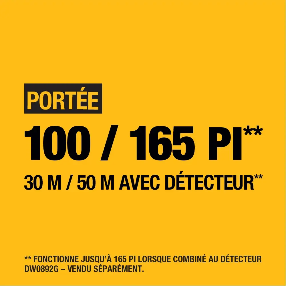 Yellow and black product graphic showing the range of 100 feet or 165 feet with detector (30 meters / 50 meters with detector). Text notes that it measures up to 165 feet when used with detector (DW0892G), sold separately.
