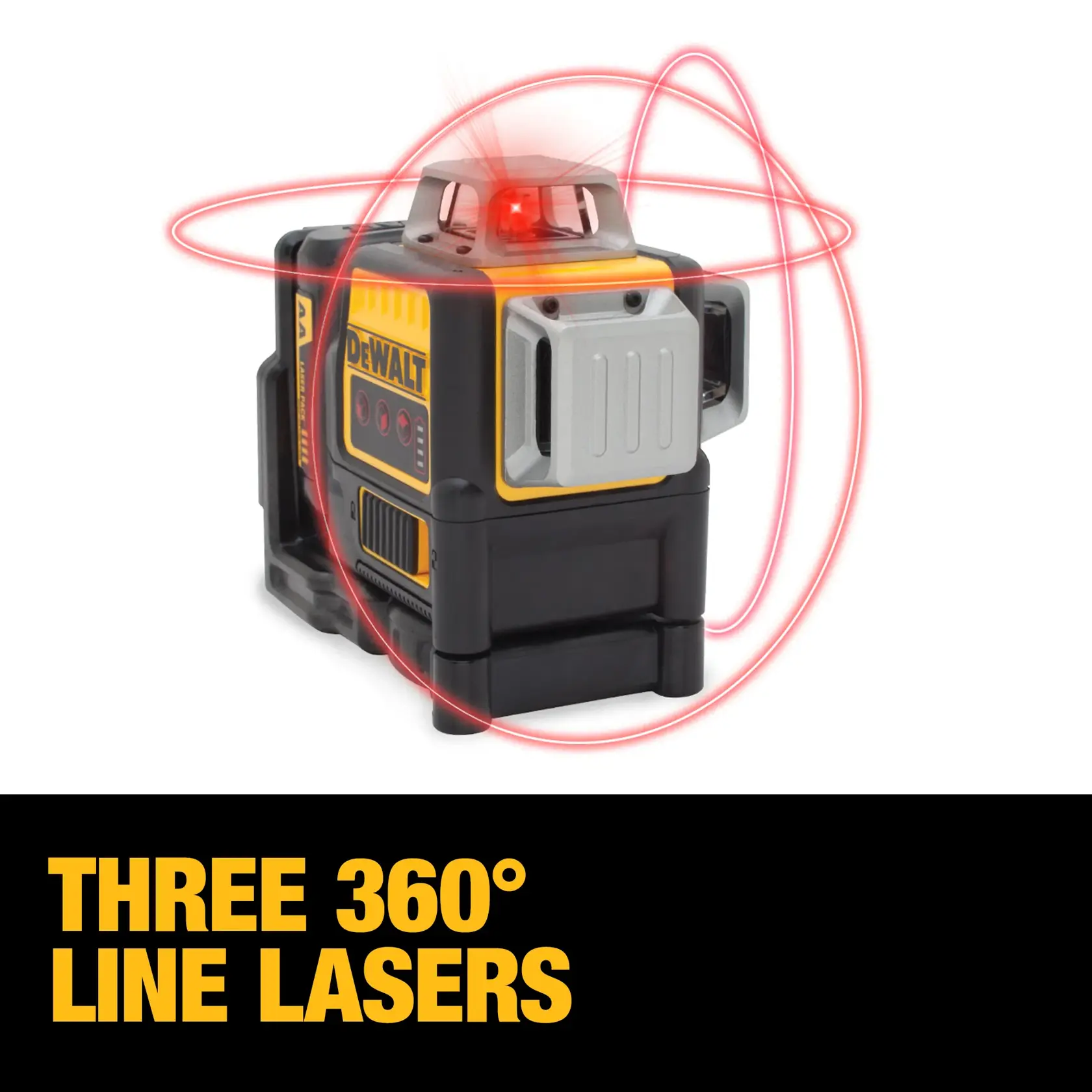 A DEWALT DW089LR device shown emitting three red 360-degree line lasers, with text below stating 'THREE 360° LINE LASERS' in bold yellow letters.