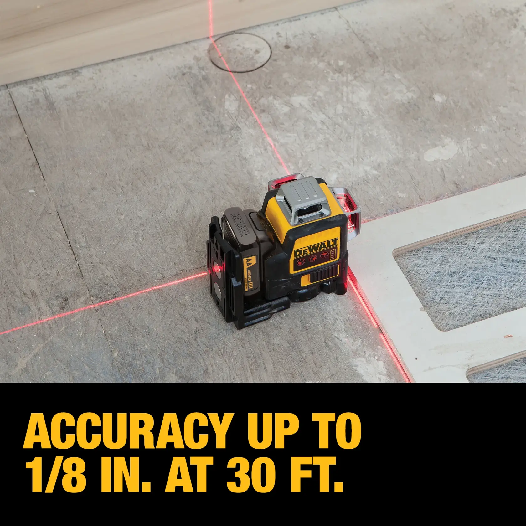A DEWALT DW089LR laser level device projects red laser lines on a floor for precise alignment. The text on the image states: 'Accuracy up to 1/8 in. at 30 ft.'