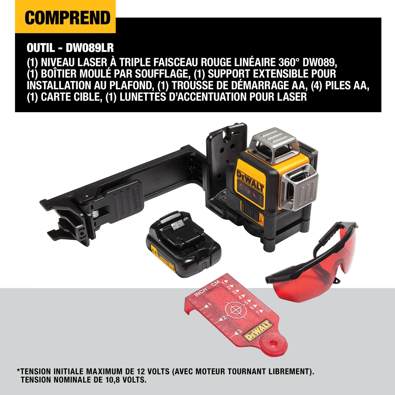 The image shows the contents included with the DEWALT DW089LR red line laser tool. Items pictured are a DEWALT branded 3 x 360 red line laser, a blow mold case, an extended ceiling bracket, a battery pack, a red target card, and a pair of red laser enhancement glasses. Product specifications and features are listed above the items.