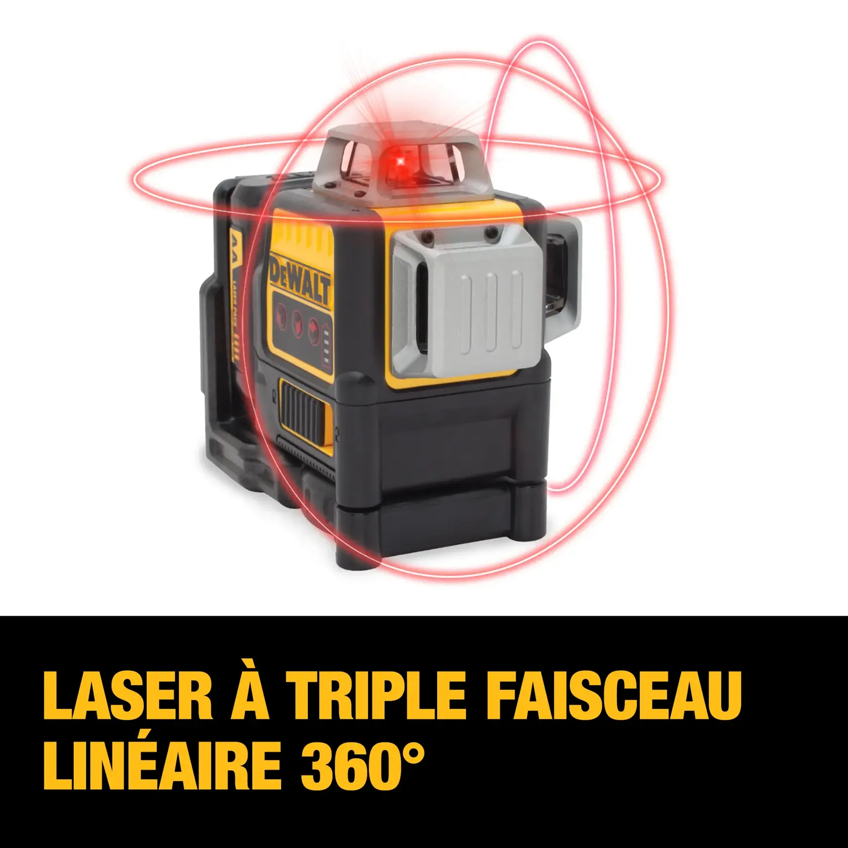 A DEWALT DW089LR device shown emitting three red 360-degree line lasers, with text below stating 'THREE 360° LINE LASERS' in bold yellow letters.
