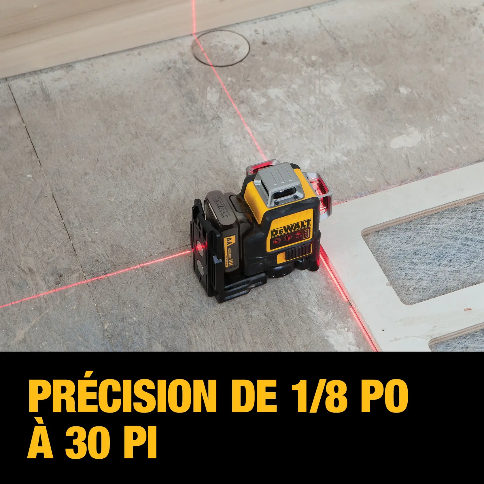 A DEWALT DW089LR laser level device projects red laser lines on a floor for precise alignment. The text on the image states: 'Accuracy up to 1/8 in. at 30 ft.'