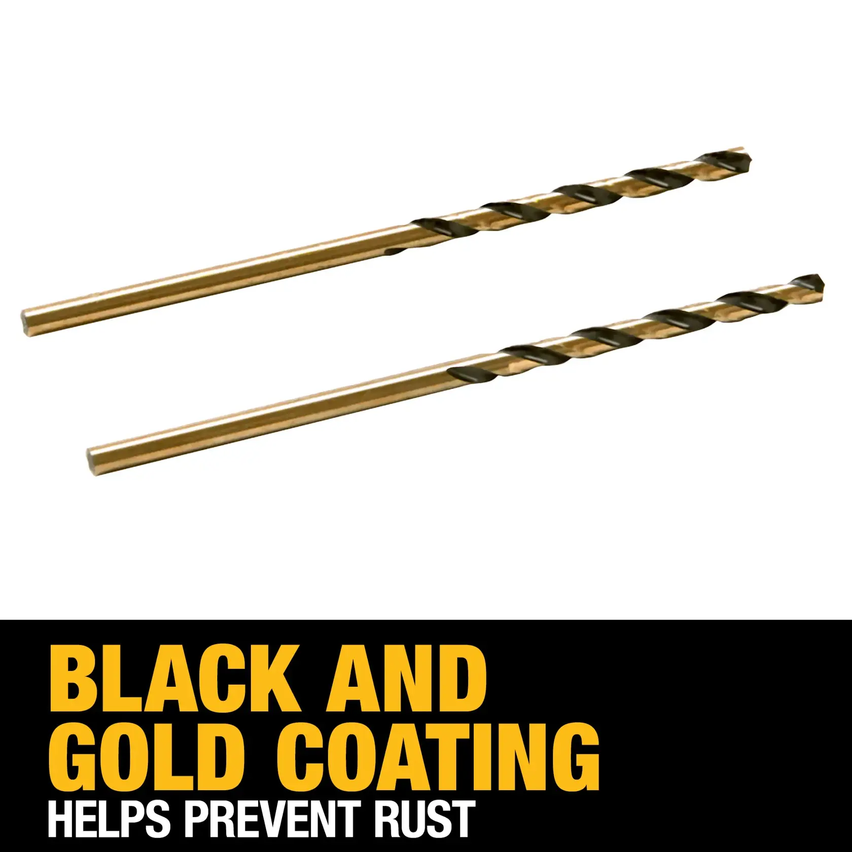 Two DEWALT drill bits with black and gold coating designed to help prevent rust, displayed against a white background with promotional text below.