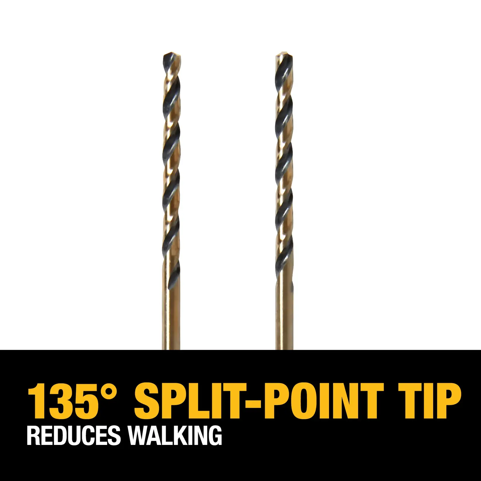 Two DEWALT drill bits with a 135-degree split-point tip are shown against a white background. The lower part of the image contains bold yellow and white text stating '135° Split-Point Tip Reduces Walking.'