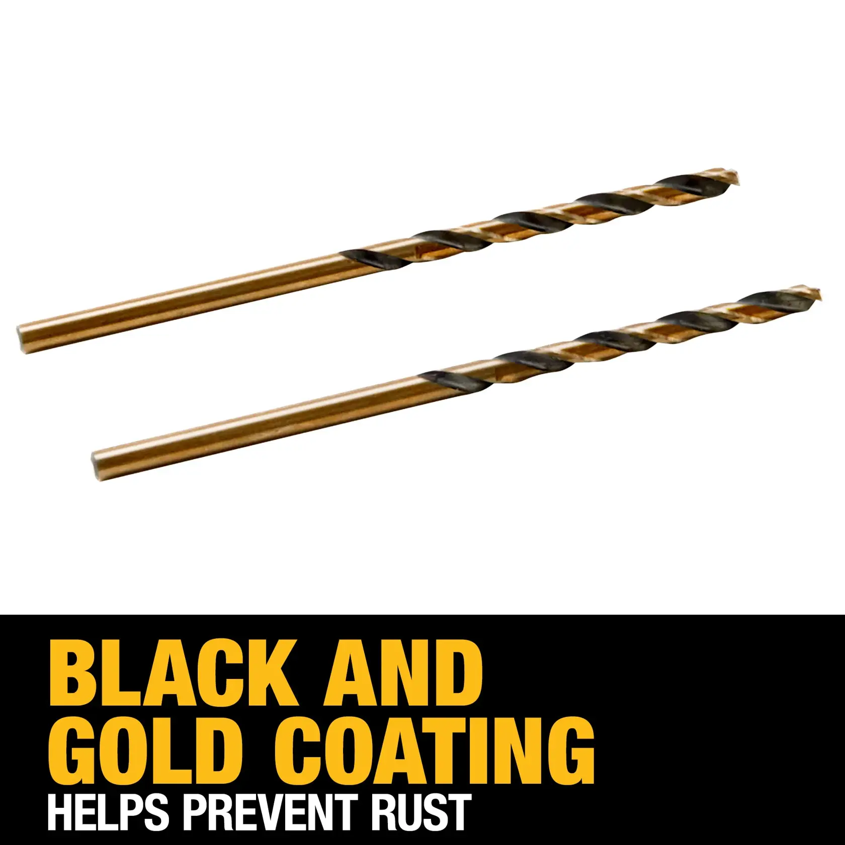Two black and gold drill bits with a black and gold coating, shown above text that reads 'Black and gold coating helps prevent rust.'
