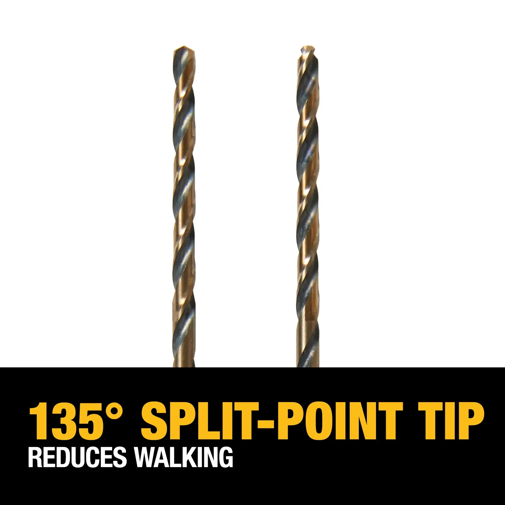 Two DEWALT drill bits shown vertically, highlighting their 135-degree split-point tip design. Text on the image reads: '135° split-point tip reduces walking.'