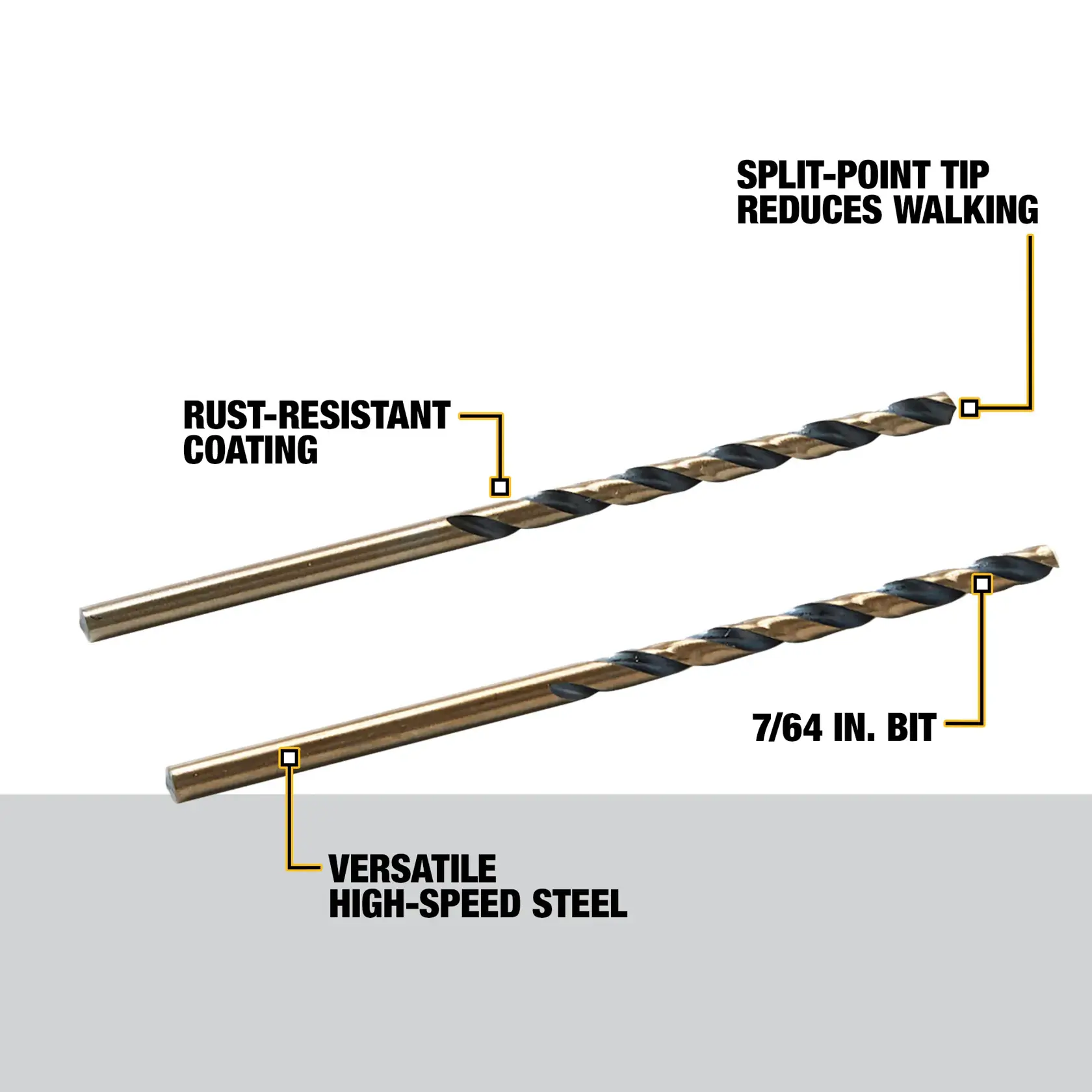 Image showing two DEWALT 7/64 inch drill bits. Features highlighted include a split-point tip that reduces walking, rust-resistant coating, versatile high-speed steel, and the size of the bit.