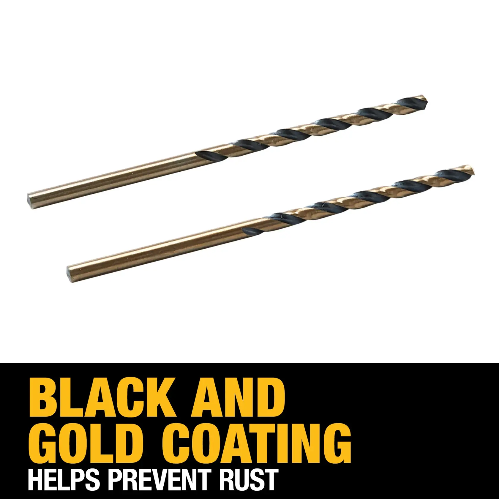 Two DEWALT drill bits with black and gold coating are shown. The text below reads: 'Black and gold coating helps prevent rust.'