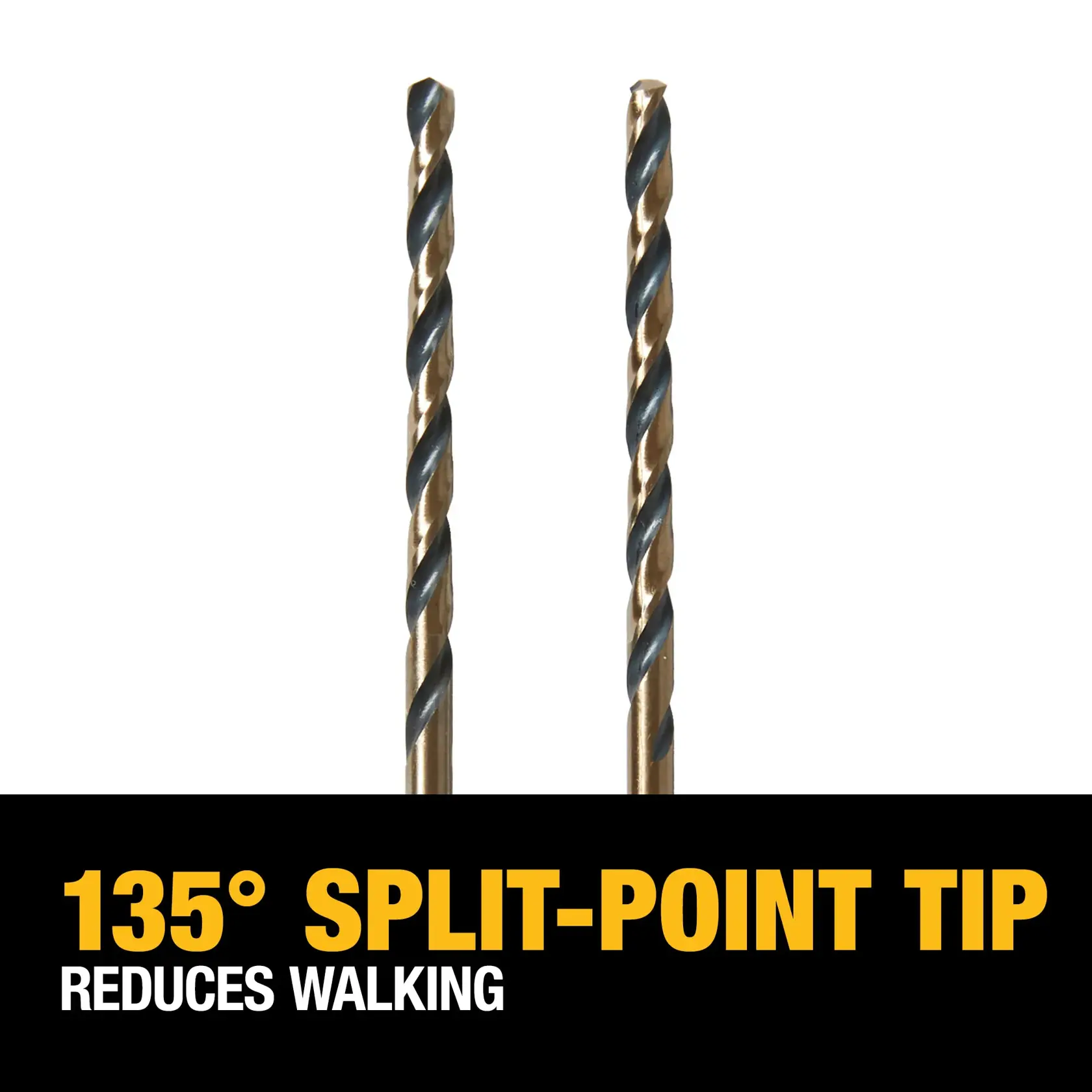 Two DEWALT drill bits with a 135-degree split-point tip, designed to reduce walking, shown above a black and yellow text label.