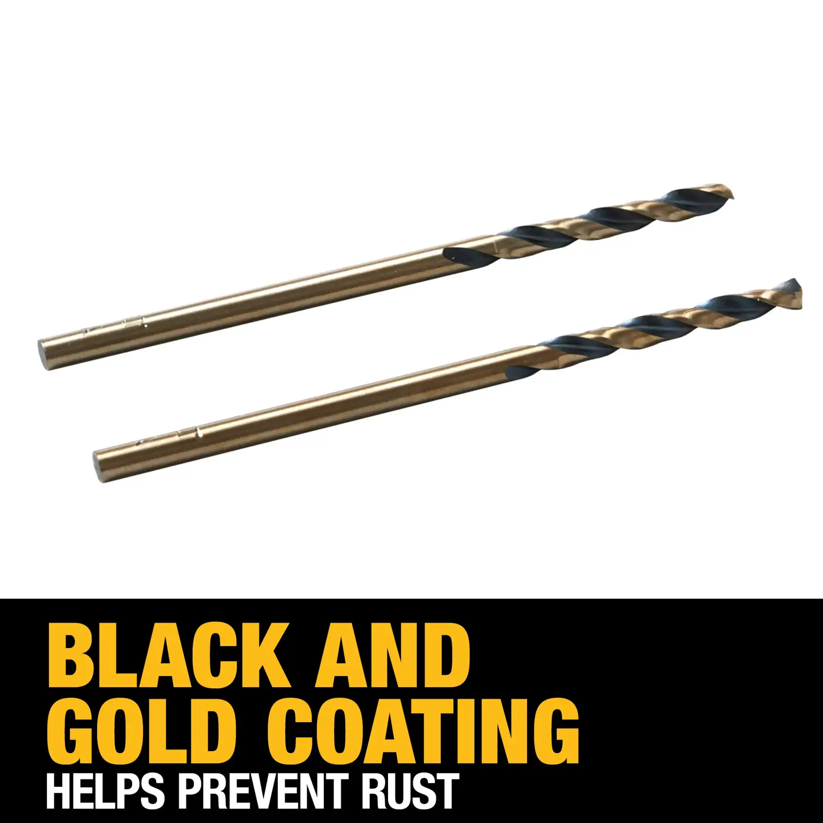 Two DEWALT DW1108 drill bits with black and gold coating, shown against a white background. Text below reads: 'Black and gold coating helps prevent rust.'