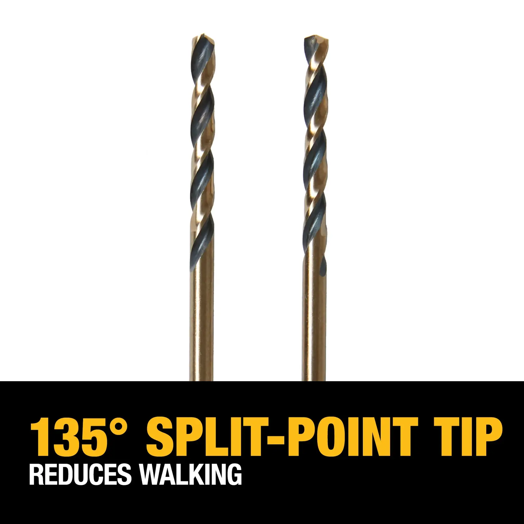 Two DEWALT drill bits with a 135-degree split-point tip, shown above a black-and-yellow graphic stating '135° split-point tip reduces walking'.