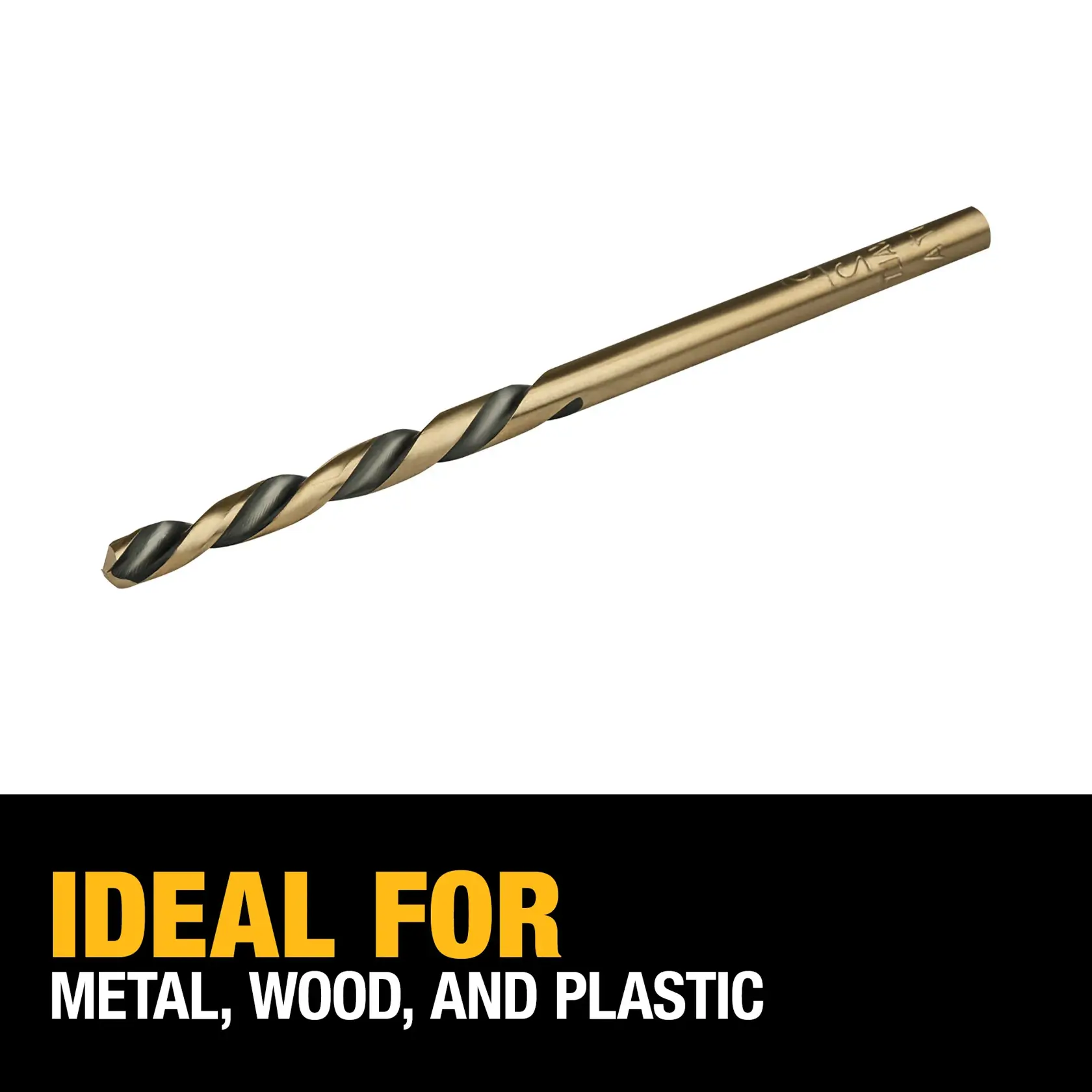 A DEWALT DW1110 drill bit shown against a white background, with text stating 'Ideal for metal, wood, and plastic' in yellow and white on a black bar.