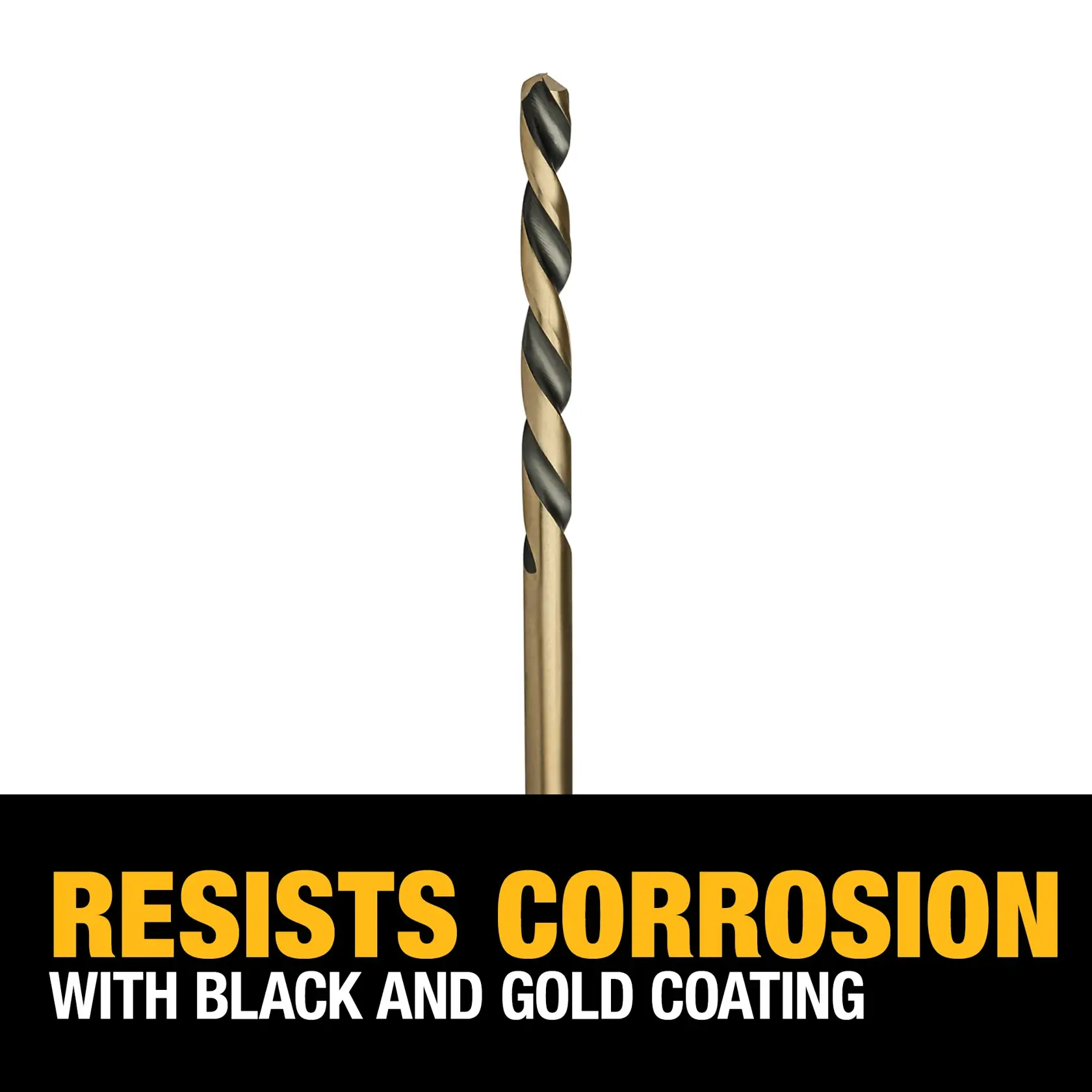 A black and gold coated drill bit is shown above text that reads 'Resists corrosion with black and gold coating'.