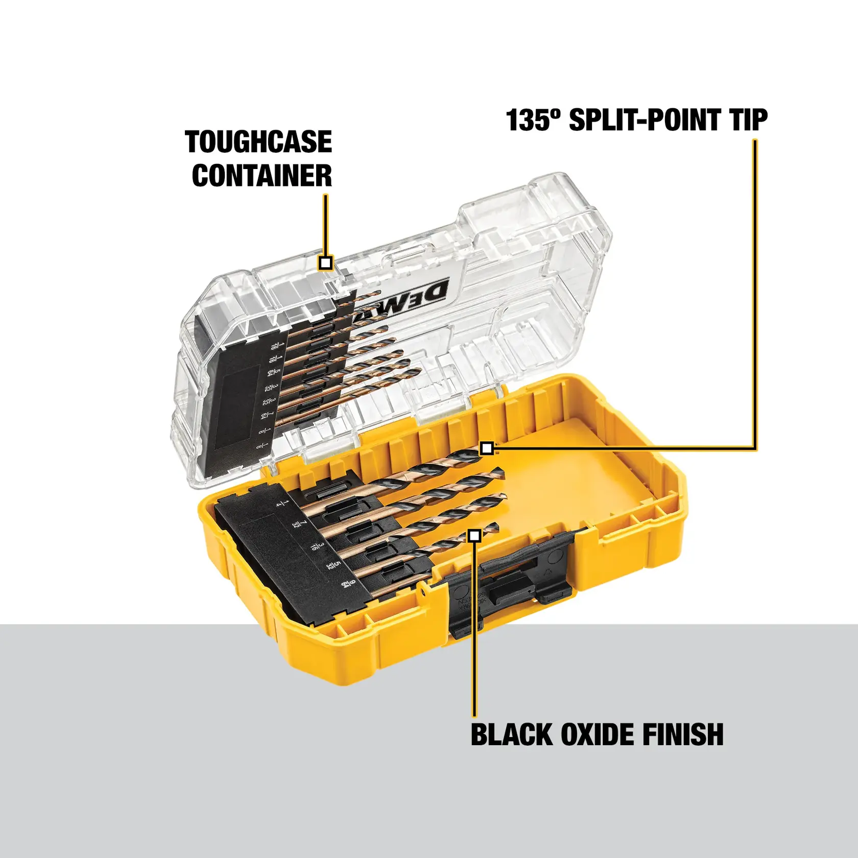 A DEWALT drill bit set with a yellow and transparent tough case container, showing several drill bits organized inside. The image highlights features such as a 135-degree split-point tip and black oxide finish on the drill bits.