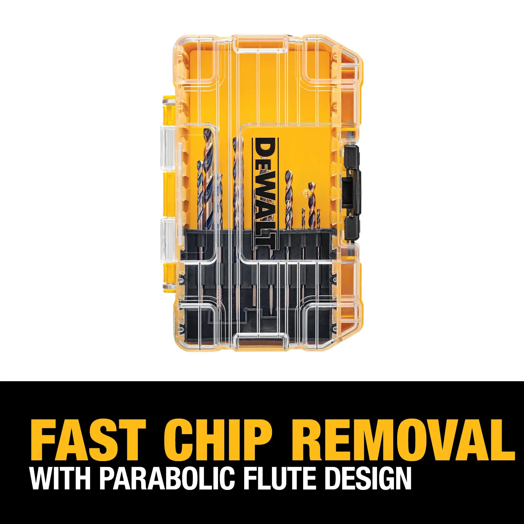 A DEWALT drill bit set in a transparent yellow and black case. Text below reads: 'FAST CHIP REMOVAL WITH PARABOLIC FLUTE DESIGN.'