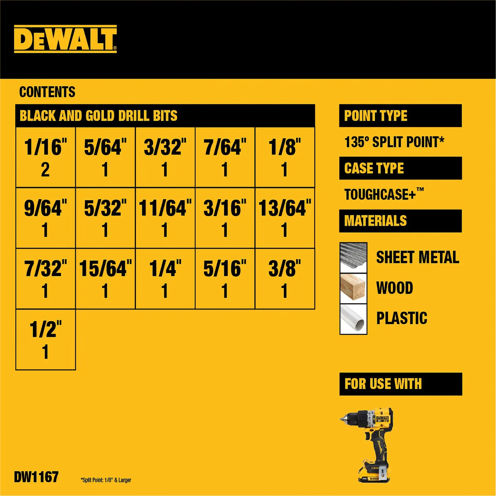 Product information sheet for DEWALT Black and Gold drill bit set, SKU DW1167. Includes a chart listing the sizes and quantities of drill bits (ranging from 1/16" to 1/2"), details such as 135° split point tip, ToughCase+ case type, and suitable for materials like sheet metal, wood, and plastic. An image of a DEWALT drill is shown indicating compatibility.