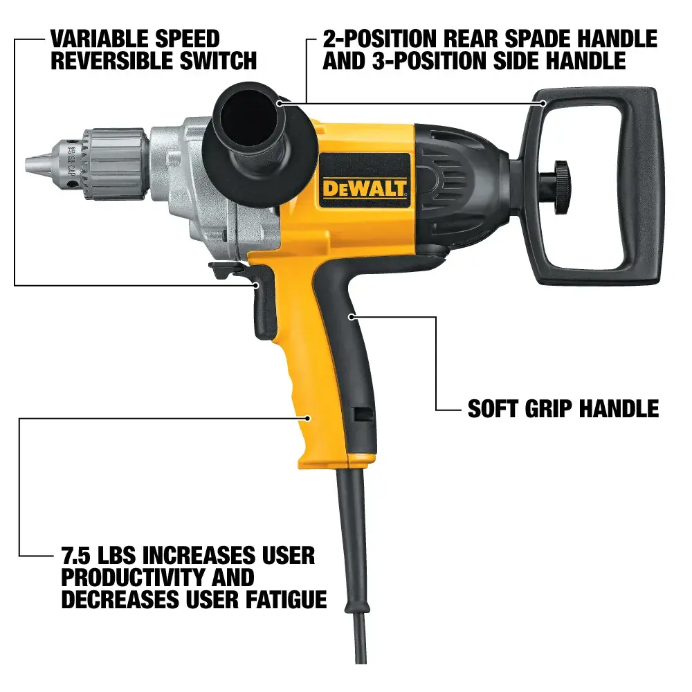 DEWALT DW130V corded drill with ergonomic handles, variable speed, and reversible switch. Features highlighted.