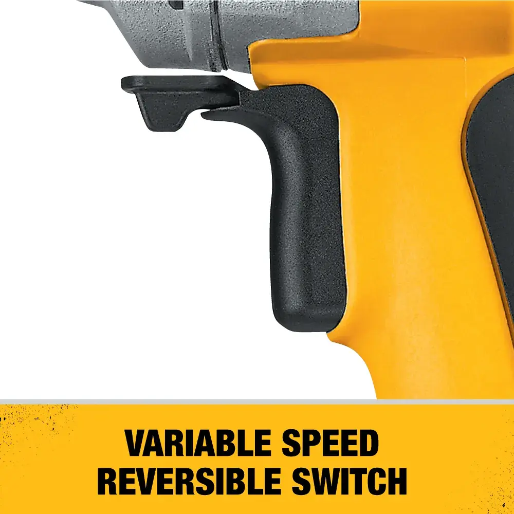 Close-up of DEWALT DW130V drill handle showing variable speed reversible switch feature.