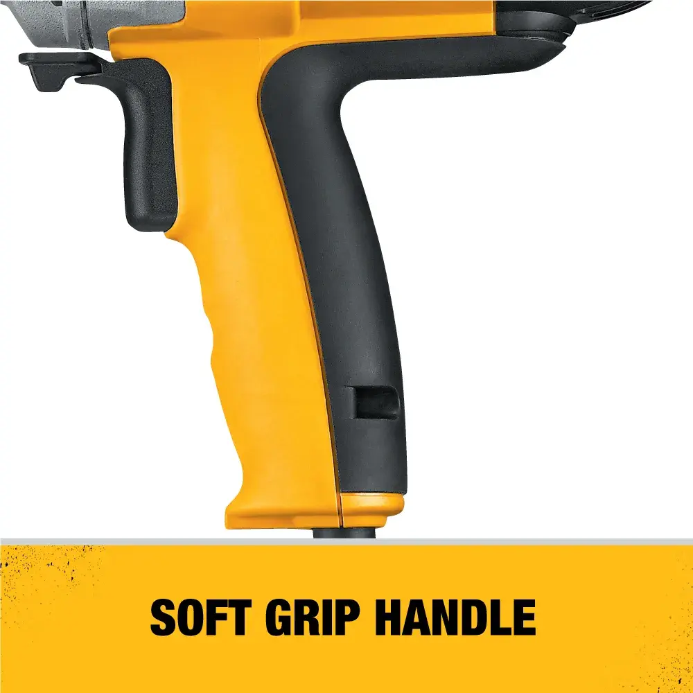 Close-up of DEWALT DW130V drill handle with soft grip feature, highlighted in yellow and black.