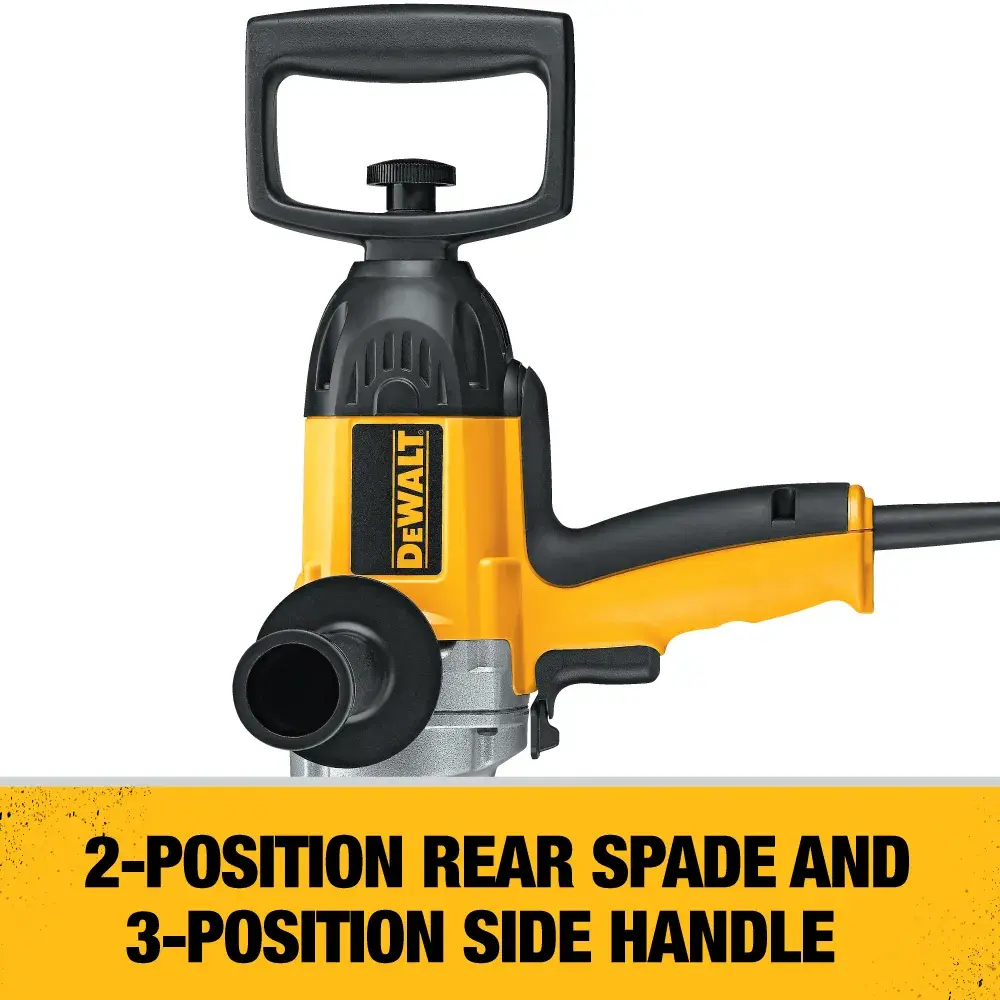 DEWALT DW130V drill with dual handles and text highlighting adjustable handle positions.