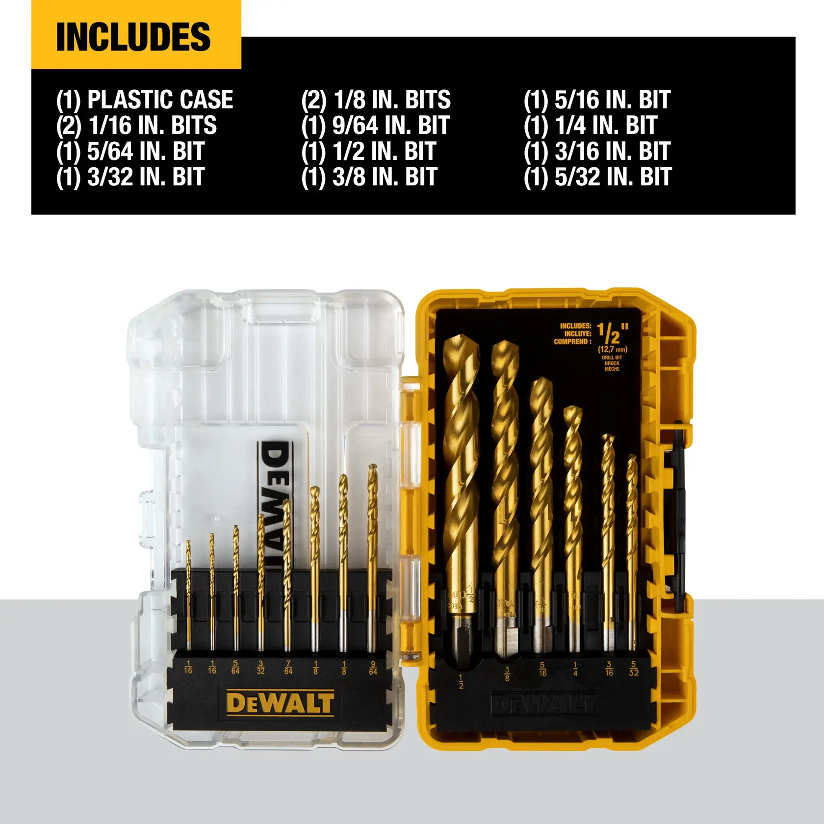 DEWALT branded drill bit set in a plastic case, open to display multiple sizes of gold-colored drill bits. The included bits and plastic case are listed above, specifying the sizes and quantities of each drill bit in the set.