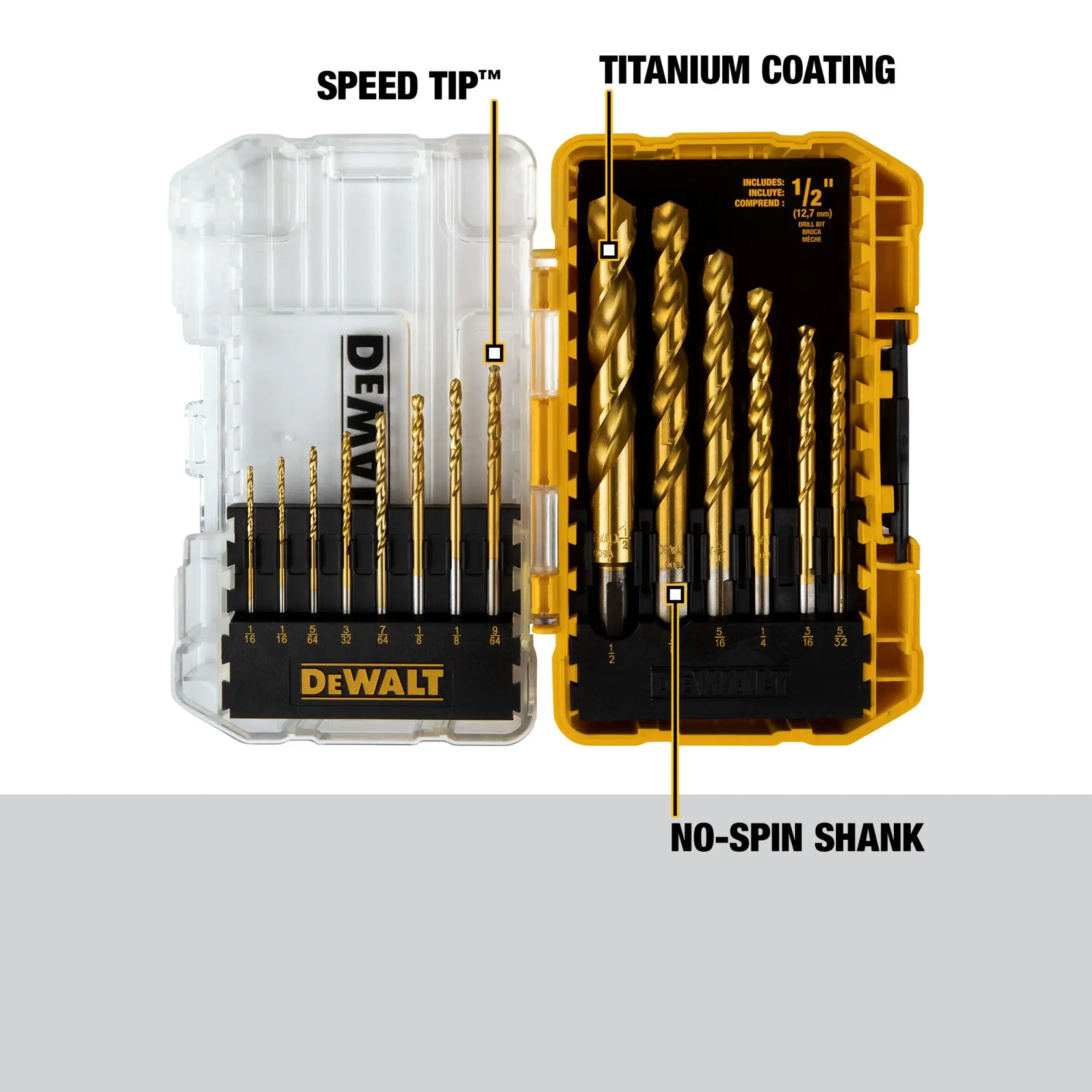 A DEWALT branded drill bit set in a yellow and transparent case. The set includes multiple titanium-coated drill bits of various sizes, with text highlighting key features: Speed Tip™, Titanium Coating, and No-Spin Shank.
