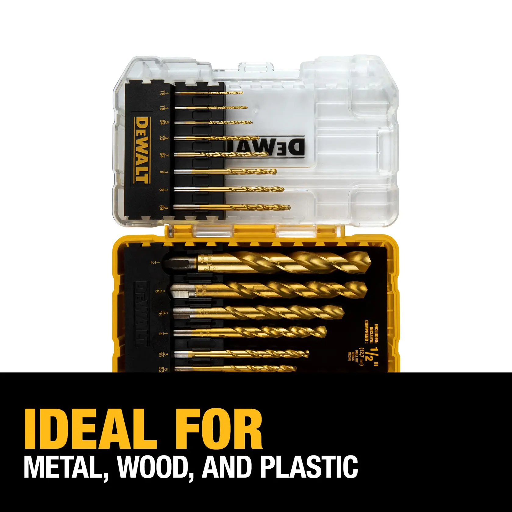 A DEWALT drill bit set in a transparent and yellow plastic case, shown open with multiple gold-colored drill bits arranged by size. Text on the image below reads: 'IDEAL FOR METAL, WOOD, AND PLASTIC.'