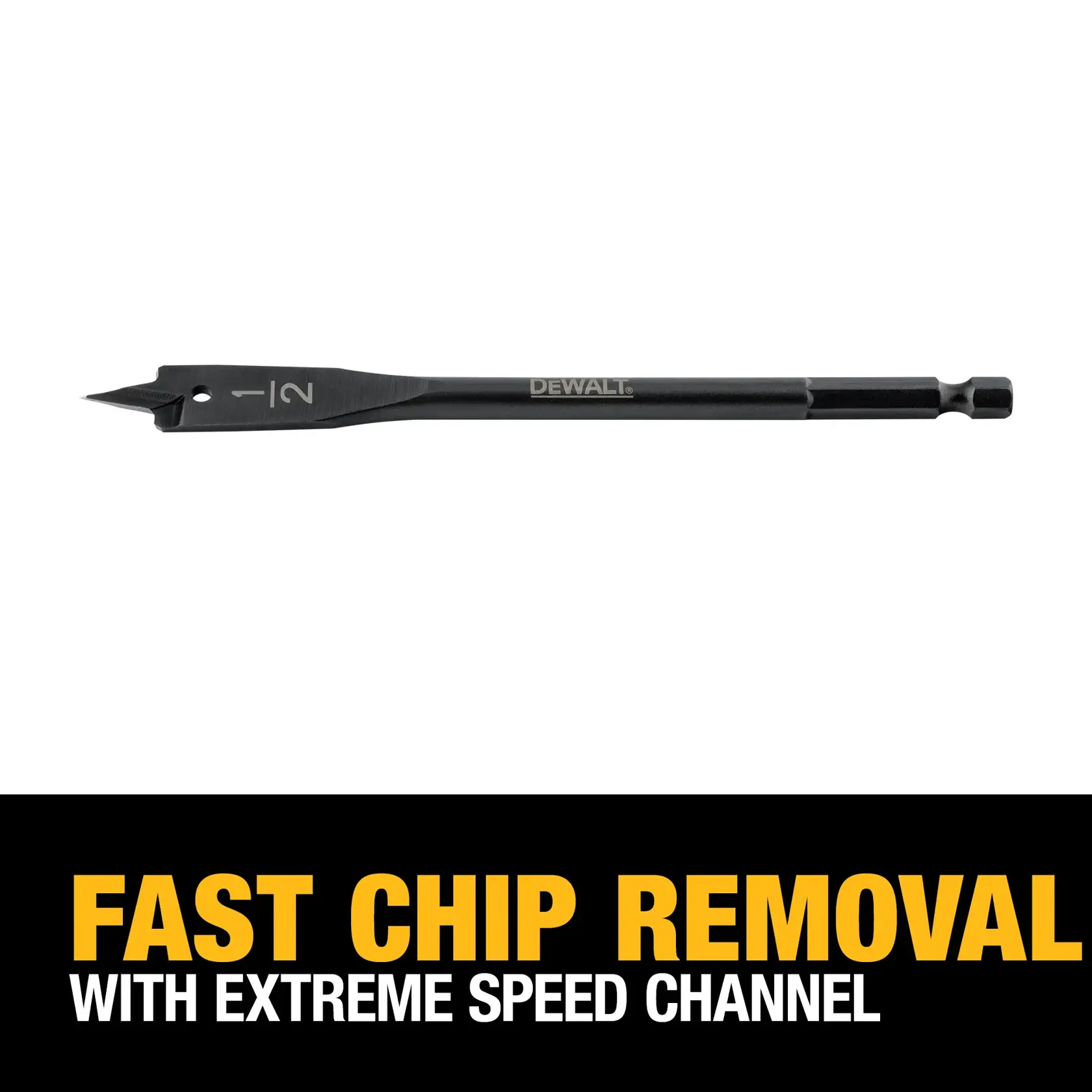 DEWALT flat wood drill bit with hex shank, labeled 1/2, displayed above the text 'FAST CHIP REMOVAL WITH EXTREME SPEED CHANNEL' in bold yellow and white letters.