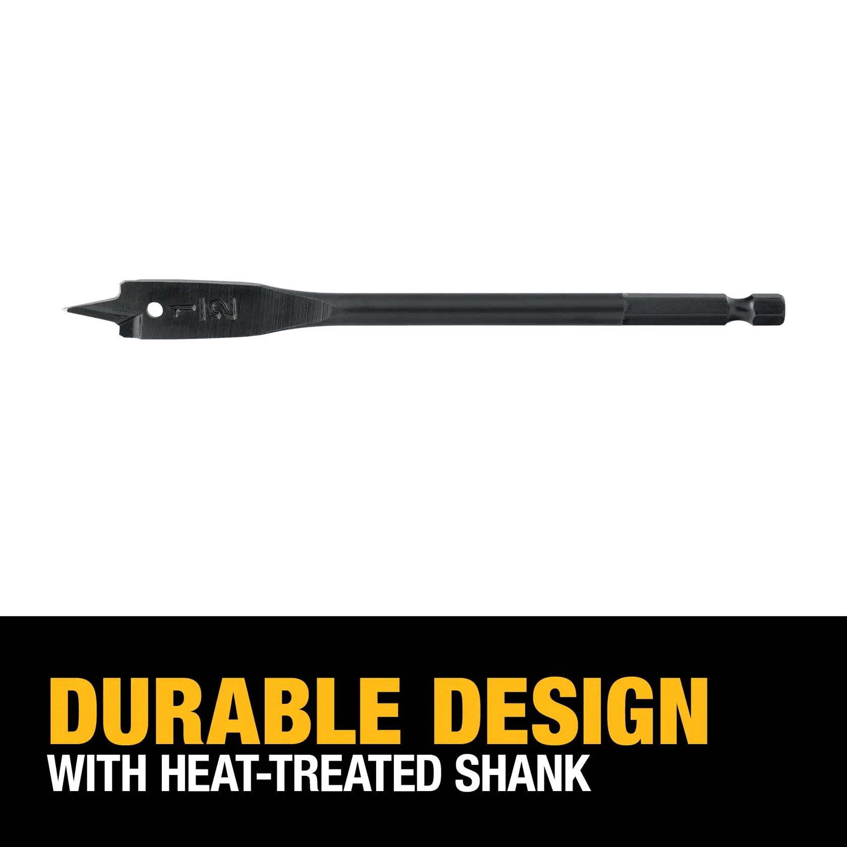 A DEWALT flat drill bit with a heat-treated shank for durability, shown against a white background. The image has text stating 'DURABLE DESIGN WITH HEAT-TREATED SHANK' in bold yellow and white letters.