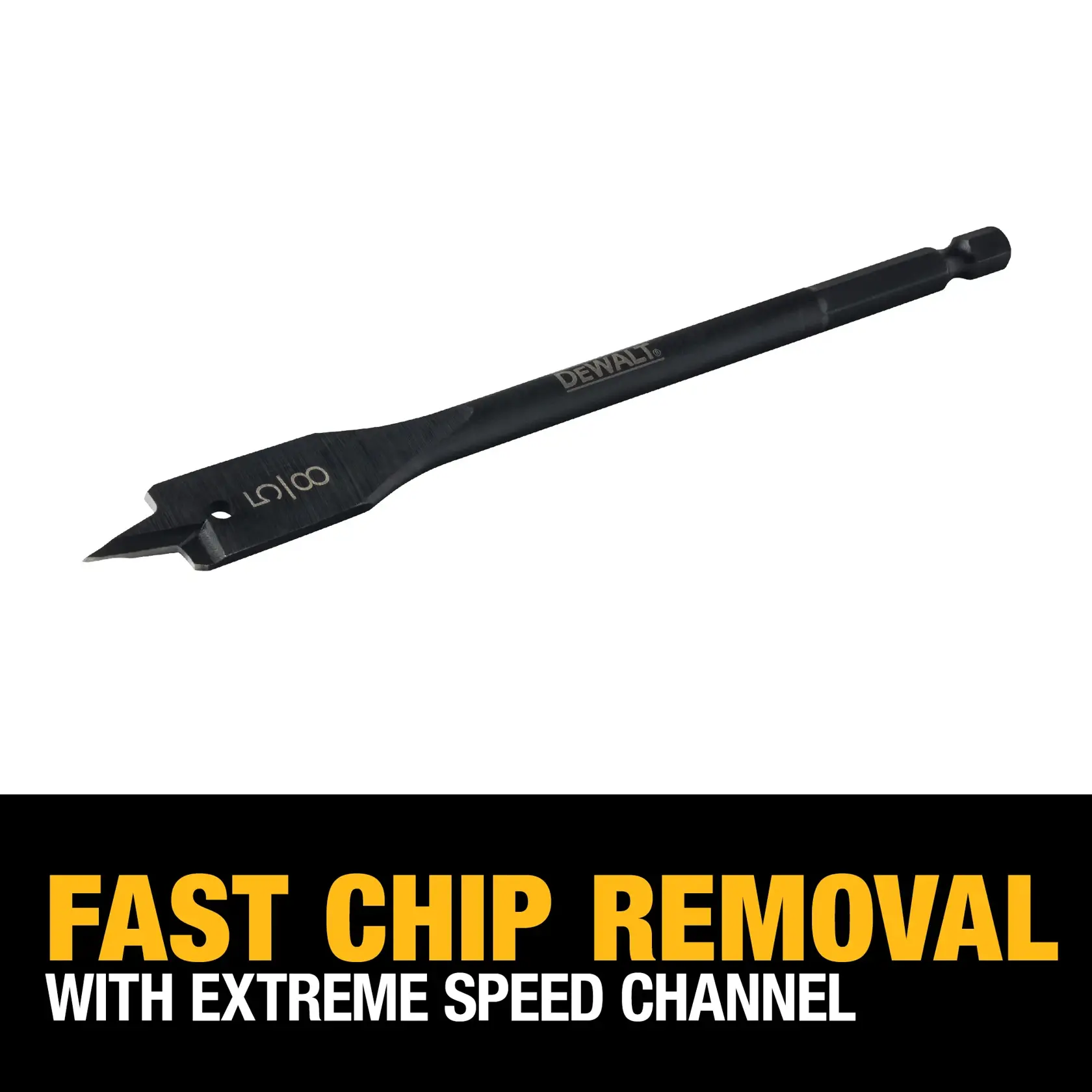 A DEWALT branded flat wood drill bit, product SKU DW1576, displayed above a banner that reads 'FAST CHIP REMOVAL WITH EXTREME SPEED CHANNEL' in bold yellow and white text.
