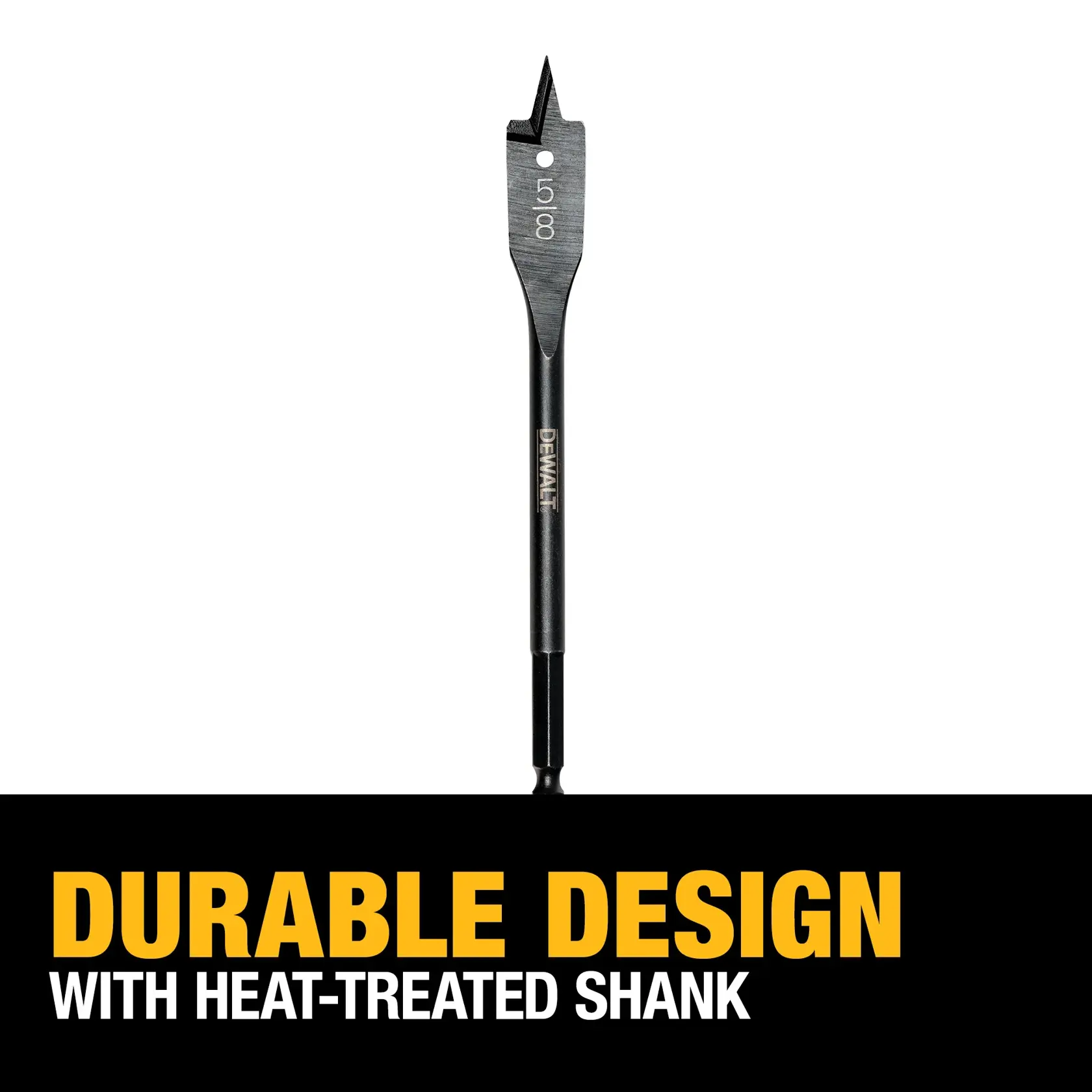 A DEWALT flat wood spade drill bit with a heat-treated shank, displayed vertically with the DEWALT logo visible. Text at the bottom reads 'Durable Design with Heat-Treated Shank.'