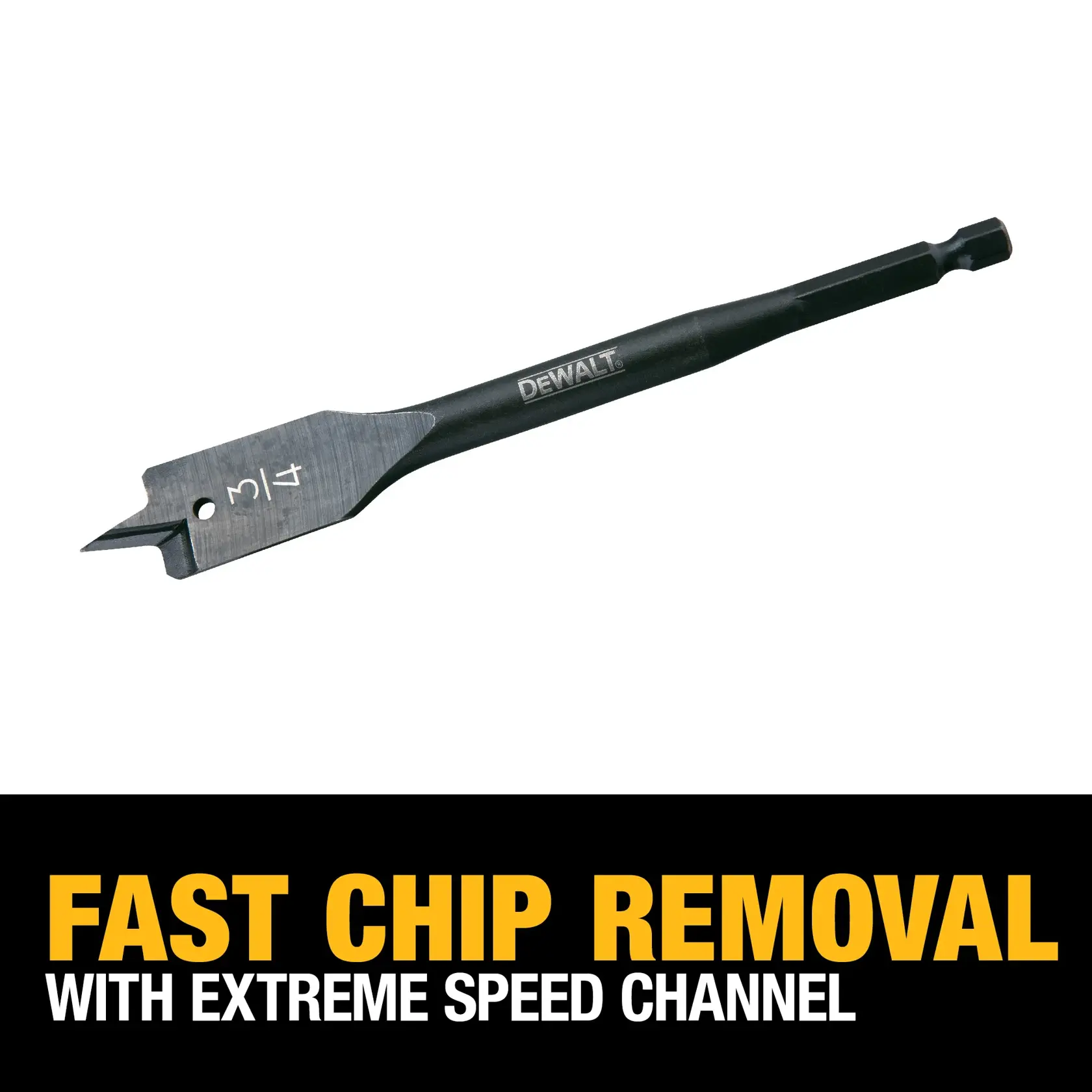 A DEWALT flat wood drill bit, model DW1578, shown with a black finish. Text below the bit reads: 'Fast chip removal with extreme speed channel.'