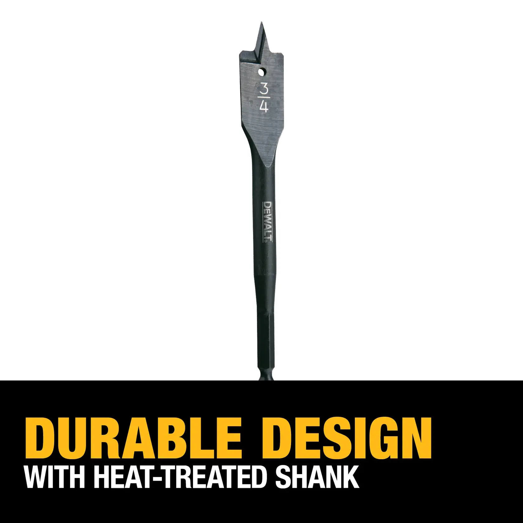 DEWALT flat wood drill bit with '3/4' marking, featuring a heat-treated shank. Text below reads 'Durable design with heat-treated shank'.