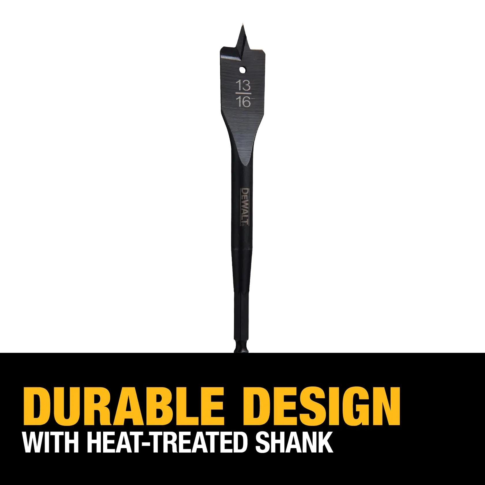 DEWALT flat wood drill bit, model DW1579, size 13/16 inch, shown vertically on a white background above text stating 'Durable design with heat-treated shank'.