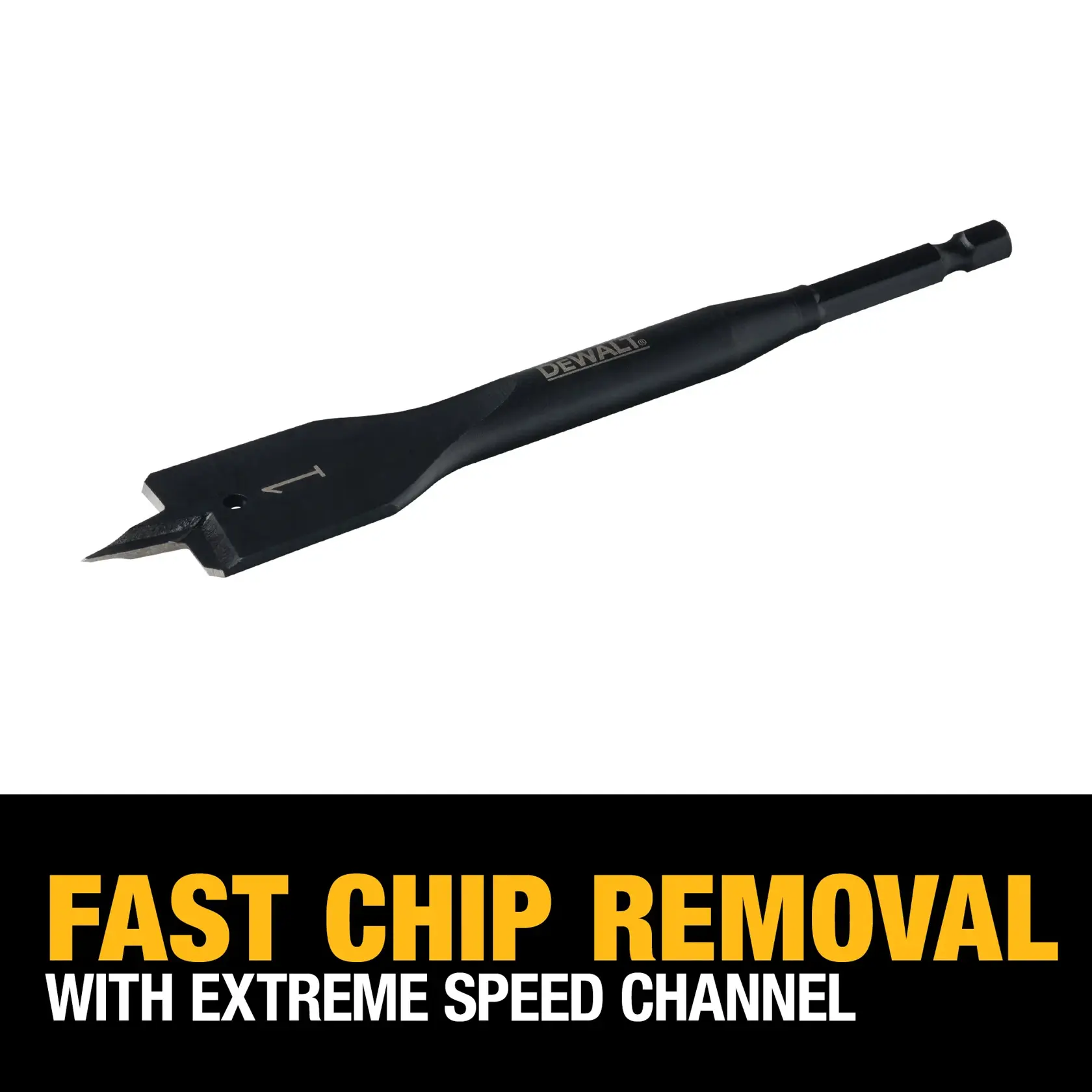 DEWALT flat spade drill bit with a black finish, designed for fast chip removal with extreme speed channel. Promotional text underneath highlights the product's efficiency.