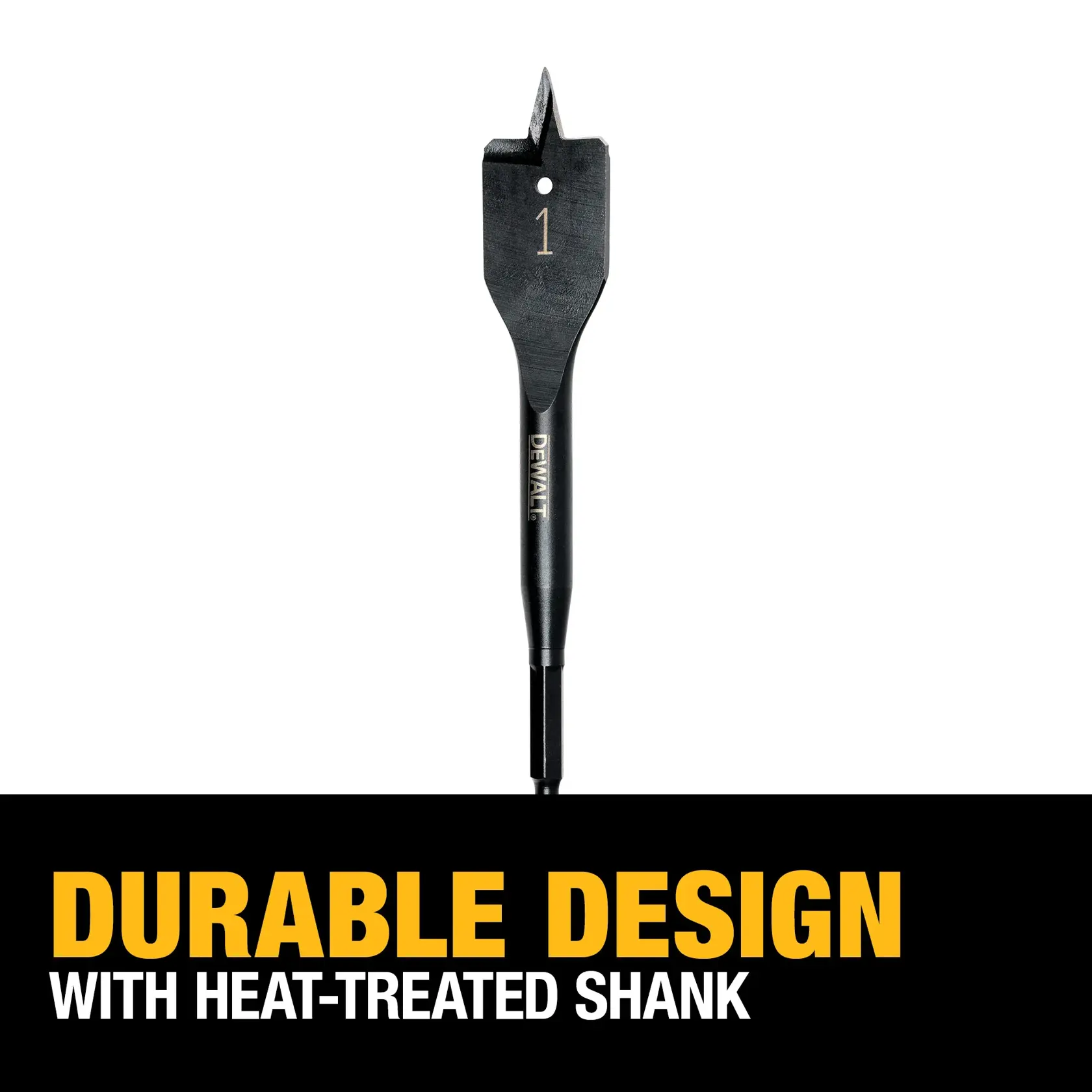 DEWALT flat wood drill bit with size marking '1', shown against a white background. Text below reads: 'Durable design with heat-treated shank'.