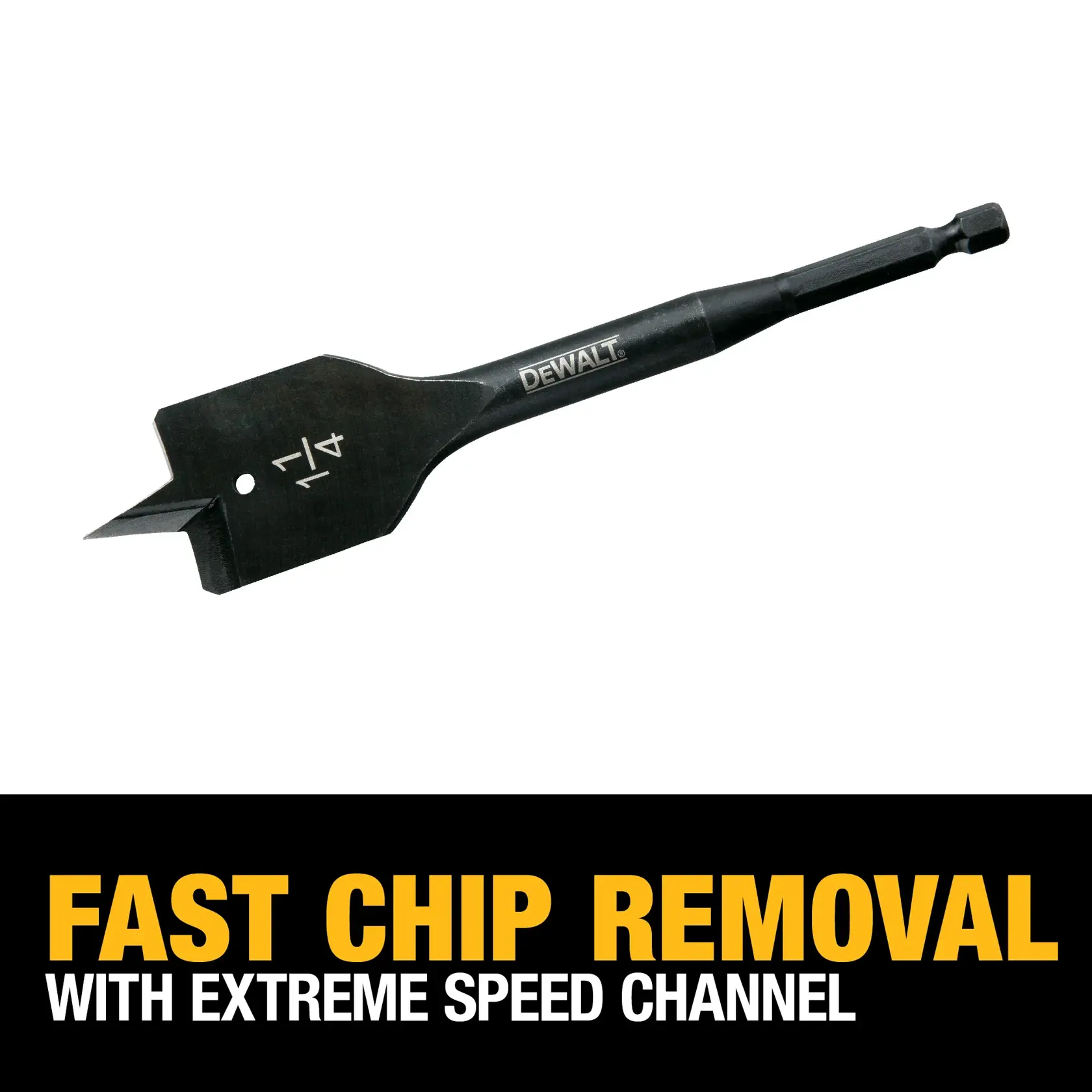 A DEWALT brand spade drill bit marked with 1/4 inch size, designed for fast chip removal with an extreme speed channel. The bit is shown above a text graphic that highlights its fast chip removal capability.