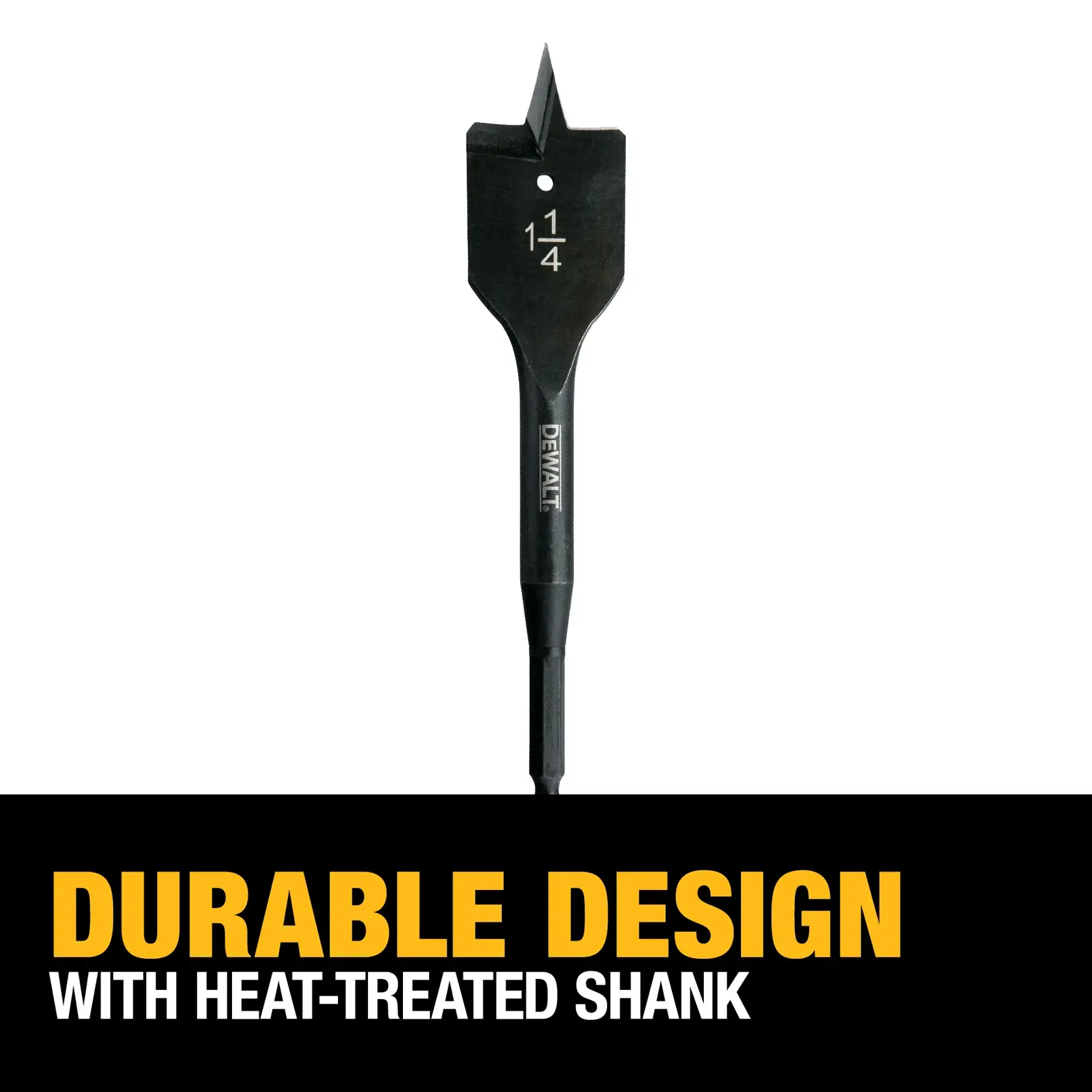 DEWALT 1 1/4 inch paddle wood drill bit with a heat-treated shank, shown above bold yellow and white text reading 'Durable Design with Heat-Treated Shank' on a black background.