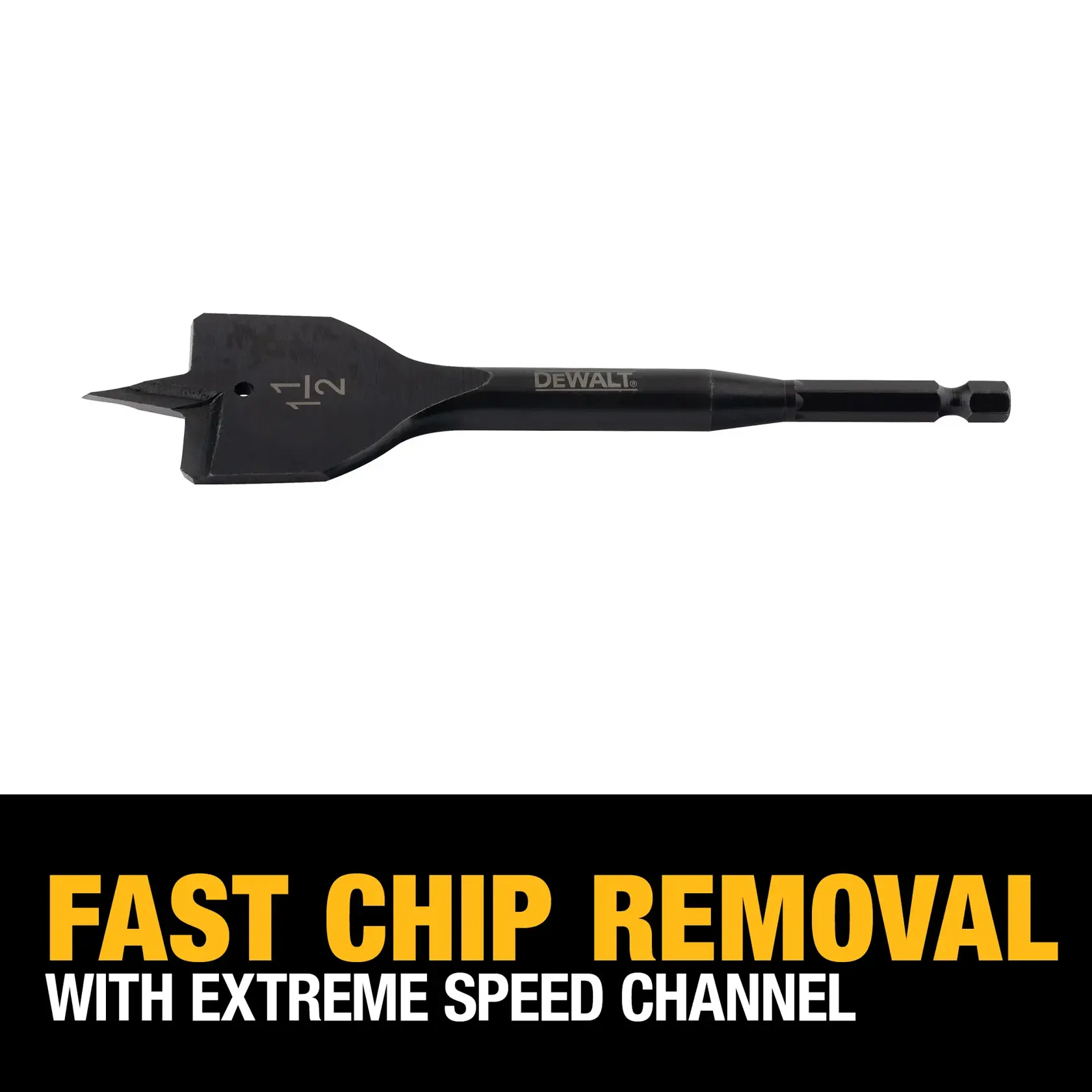 DEWALT flat spade drill bit with Extreme Speed Channel, designed for fast chip removal. The image features the drill bit and bold text claiming fast chip removal.