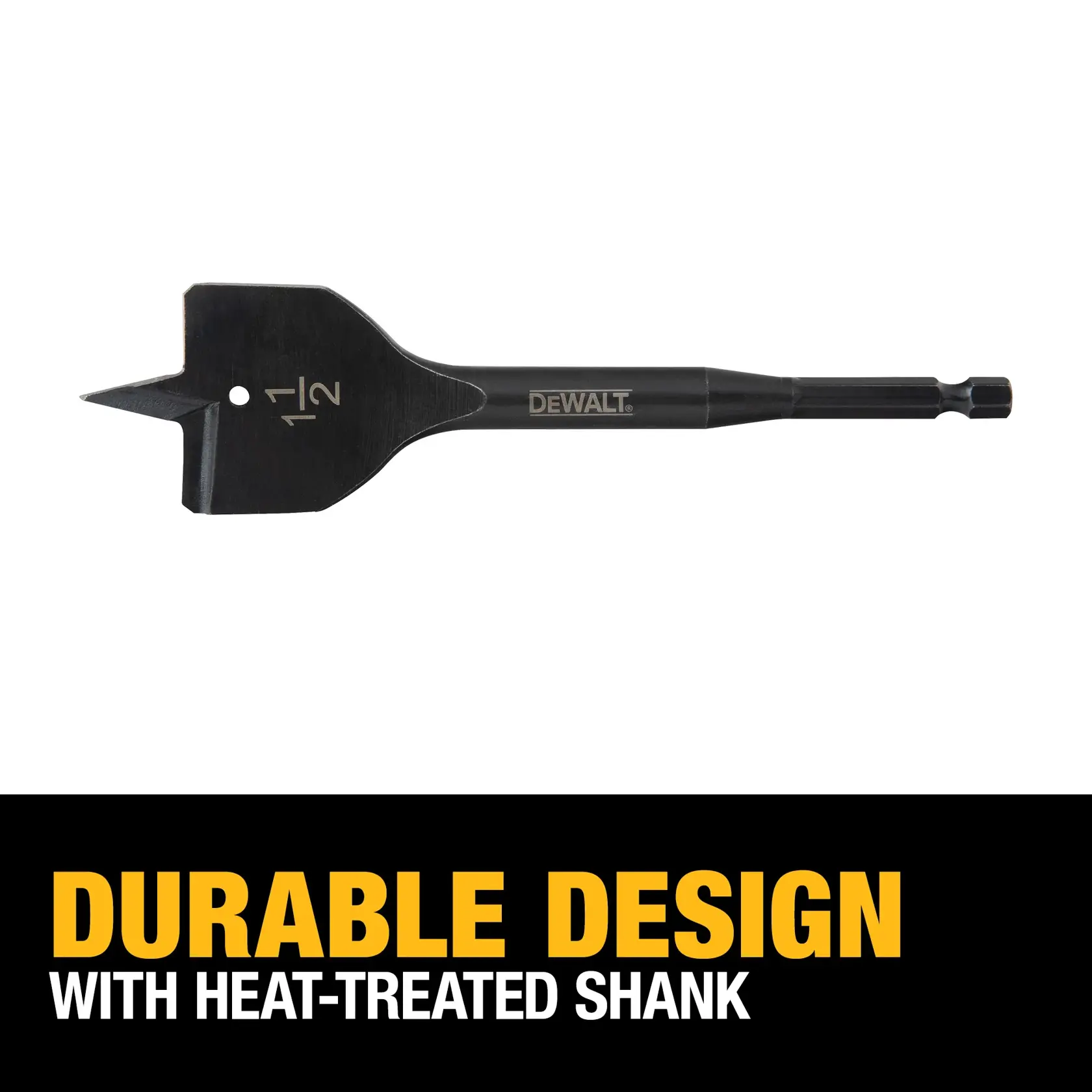 DEWALT 1/2 inch spade drill bit with heat-treated shank, shown against a white background. Text at the bottom reads: 'Durable Design with heat-treated shank.'
