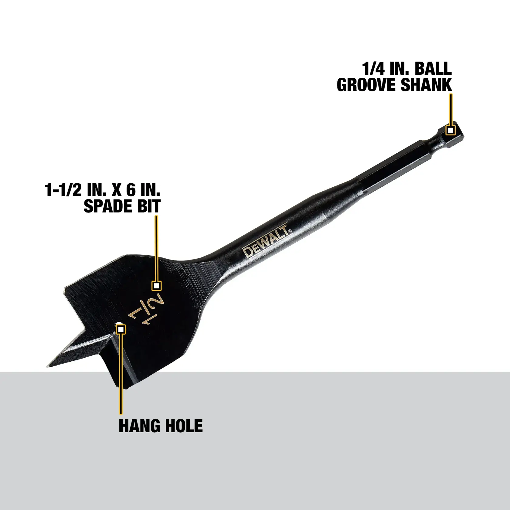 A DEWALT 1-1/2 inch x 6 inch spade bit with labeled features including a hang hole and a 1/4 inch ball groove shank. The black metal drill bit is shown on a white background.