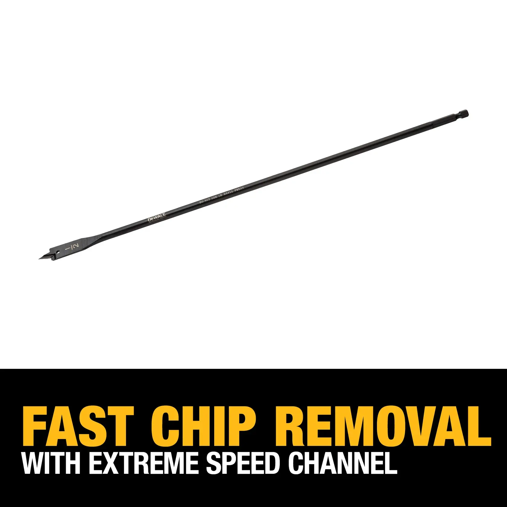 DEWALT DW1591 spade drill bit with a long shaft, shown against a white background. Yellow and white text below reads: 'Fast chip removal with extreme speed channel.'
