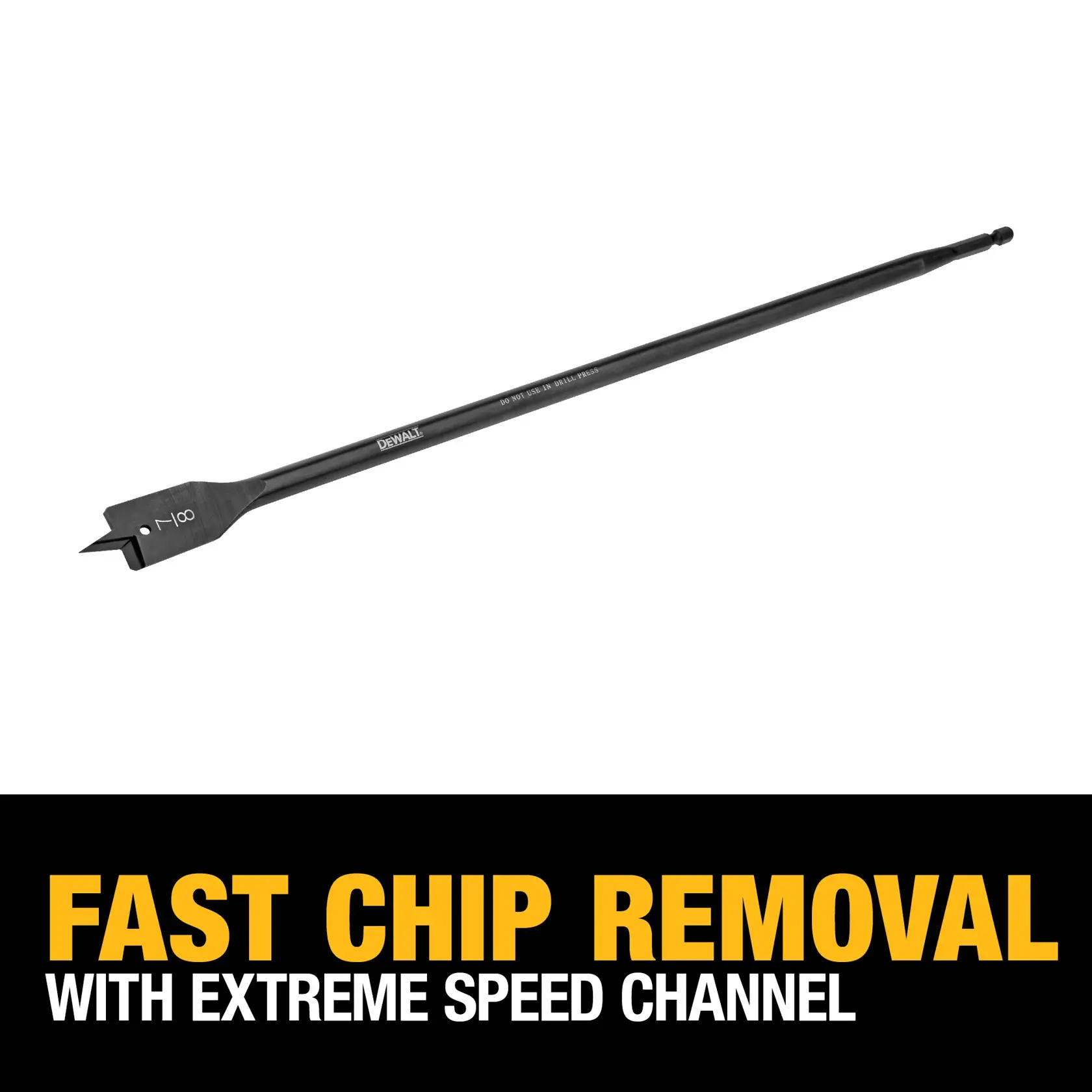 DEWALT wood spade drill bit with a fast chip removal feature, shown against a white background. The image also contains the text 'FAST CHIP REMOVAL WITH EXTREME SPEED CHANNEL' in bold yellow and white letters.