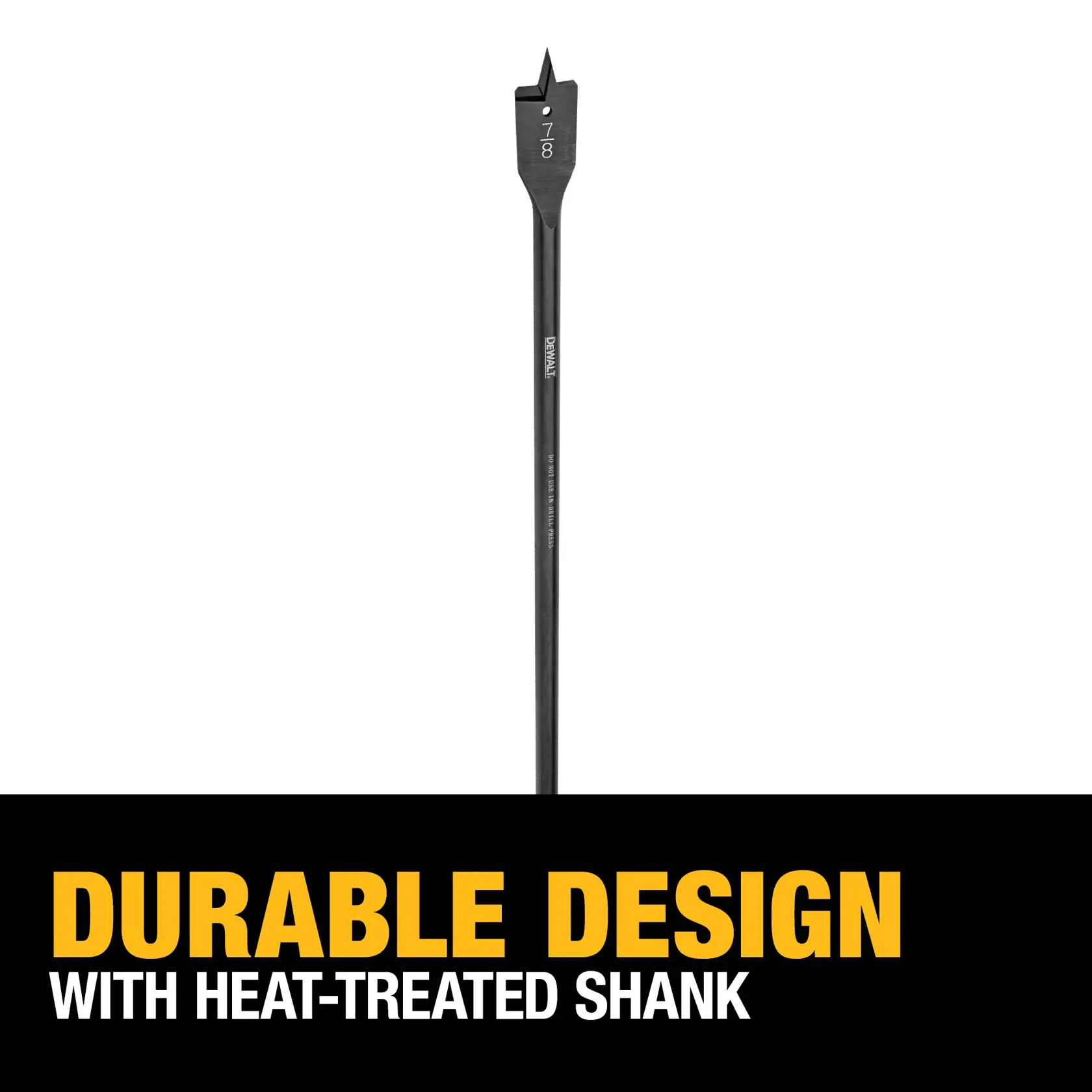 DEWALT DW1594 wood spade drill bit with a heat-treated shank, labeled 7/8 inch, displayed above a black and yellow banner stating 'Durable Design with Heat-Treated Shank'.