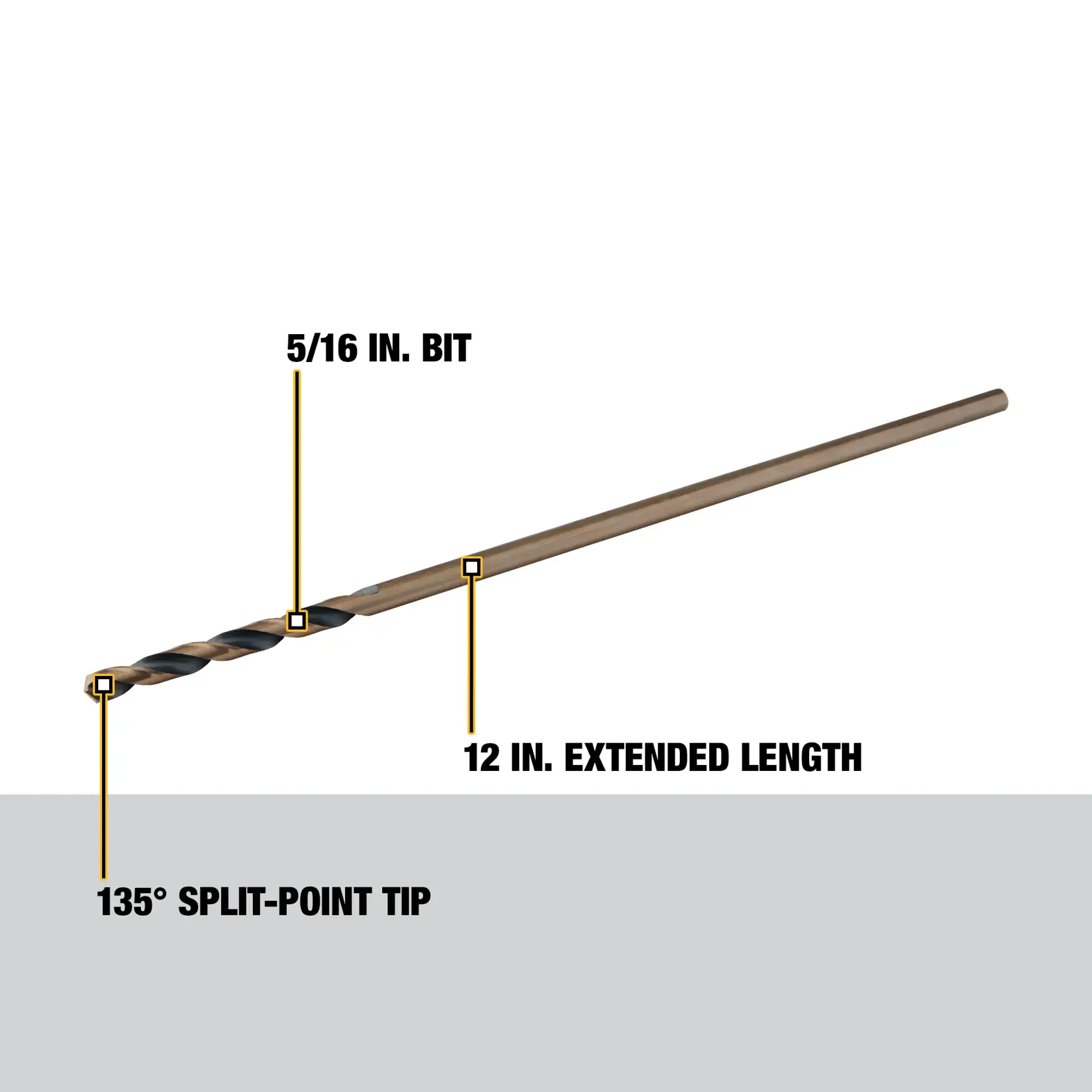 A DEWALT drill bit with 12 inch extended length, 5/16 inch size, and a 135 degree split-point tip. The image includes labels highlighting these features.