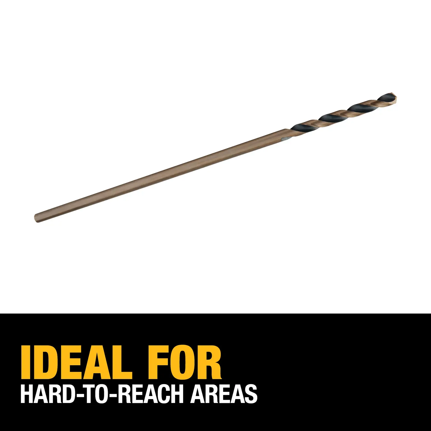 A DEWALT DW1608 long drill bit is shown on a white background. Below, bold yellow and white text reads: 'IDEAL FOR HARD-TO-REACH AREAS.'