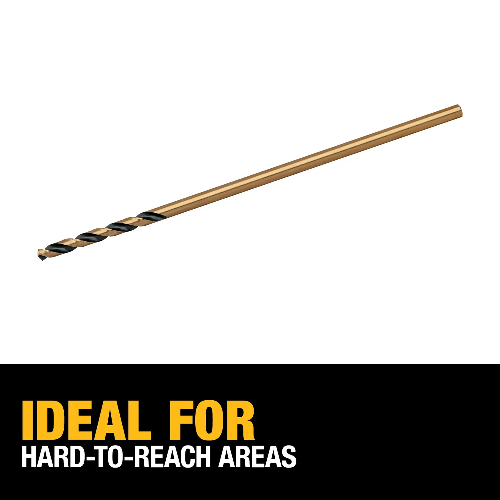A DEWALT extra long drill bit, shown against a white background. Text below reads 'Ideal for hard-to-reach areas.'