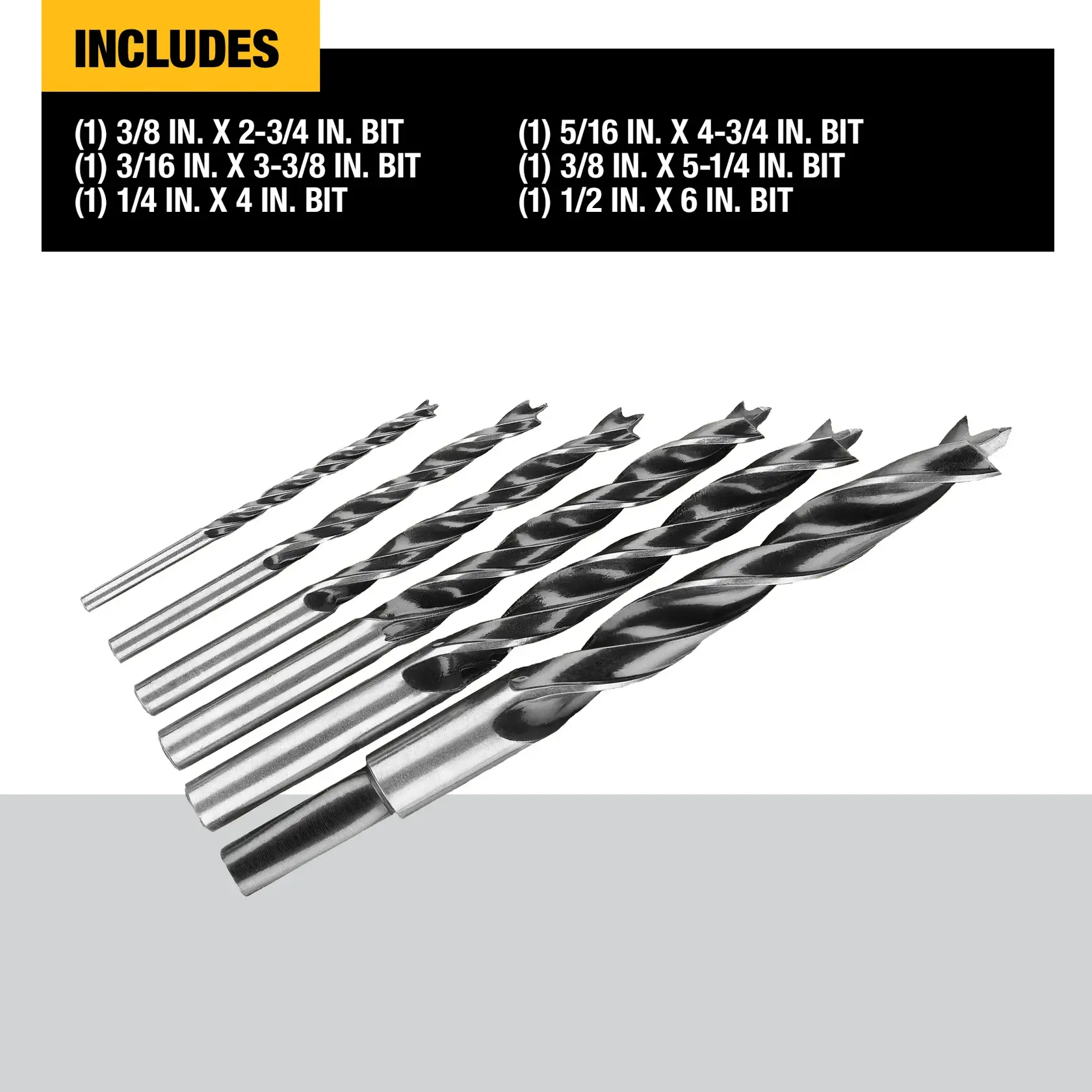 Image of seven black and silver drill bits of varying sizes arranged in a row. Above the drill bits, there is a list describing the included sizes: 3/8 in. x 2-3/4 in., 3/16 in. x 3-3/8 in., 1/4 in. x 4 in., 5/16 in. x 4-3/4 in., 3/8 in. x 5-1/4 in., and 1/2 in. x 6 in. The brand DEWALT is associated with the product.